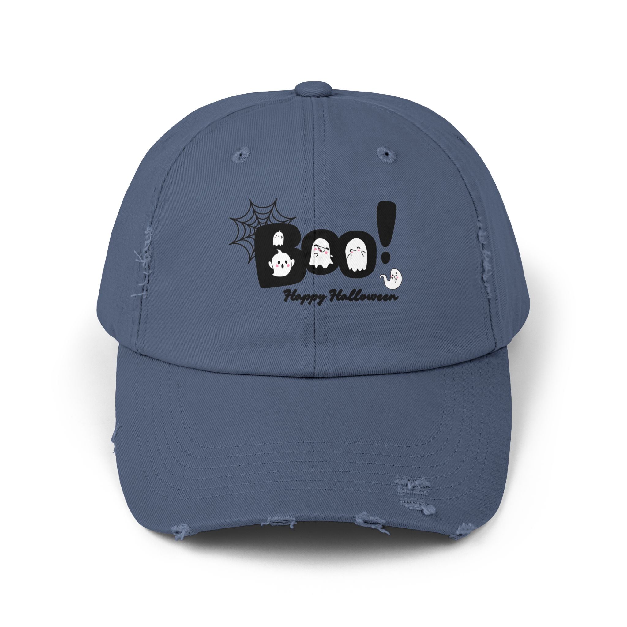 Halloween Boo Distressed Cap, Trendy Unisex Hat, Spooky Accessory, Fall Fashion, Casual Wear, Gift for Halloween Enthusiasts