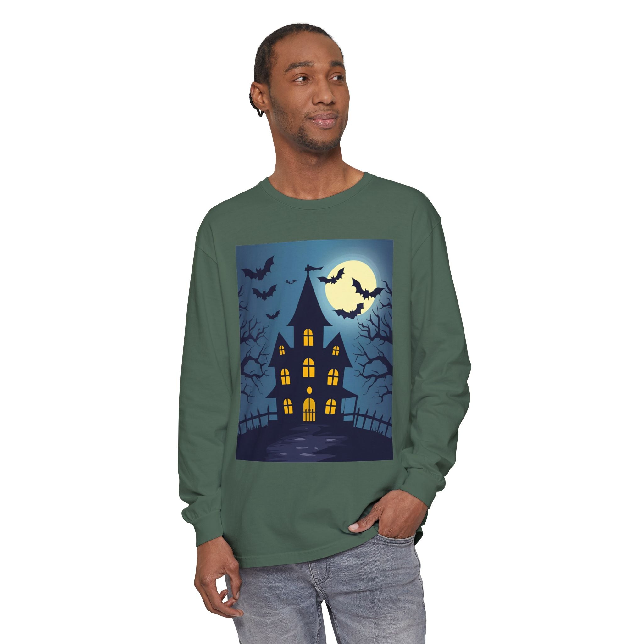 Haunted House Long Sleeve T-Shirt | Halloween Apparel, Fall Fashion, Spooky Shirt, Unisex Tee, Ghostly Vibes
