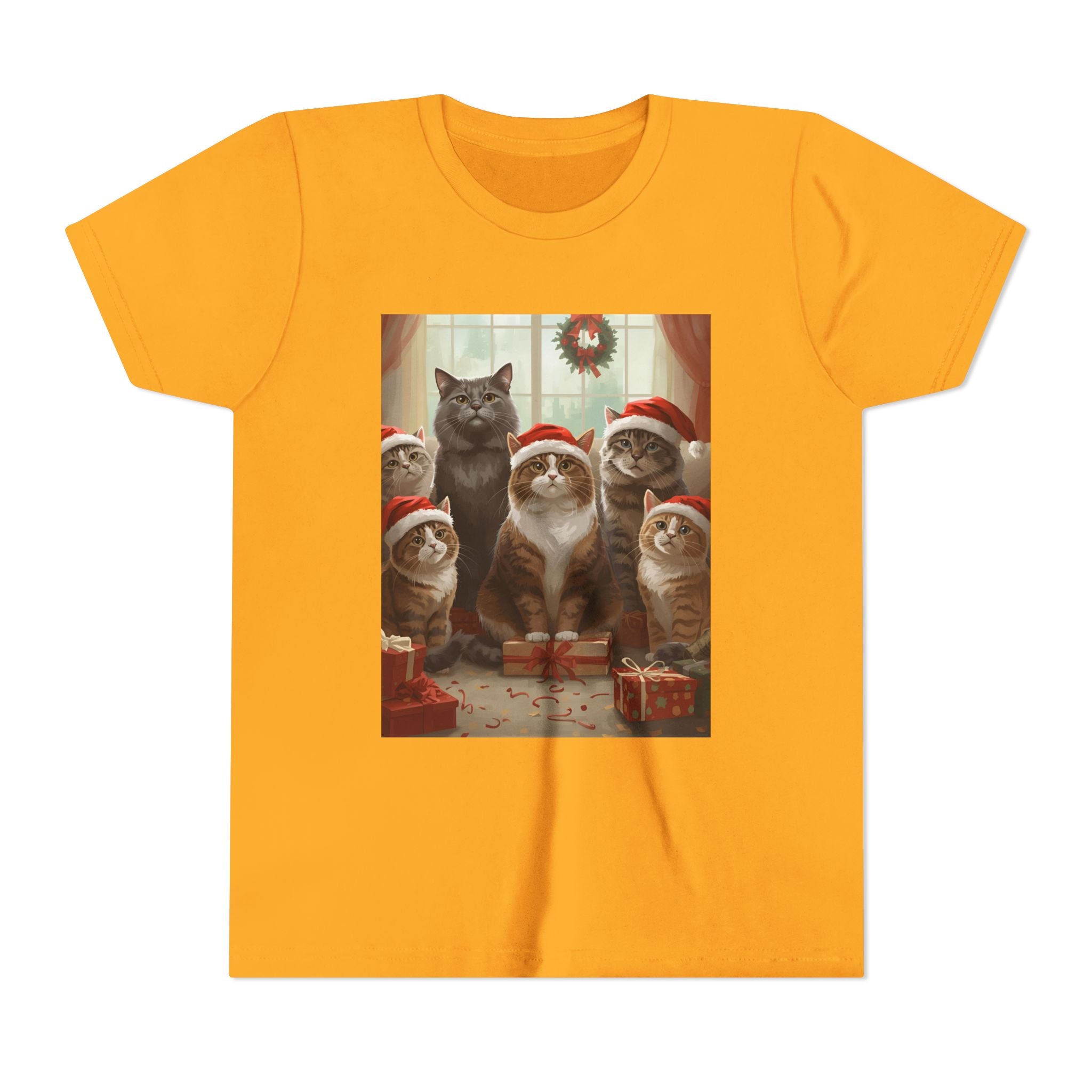 Cute Festive Christmas Cat Youth Short Sleeve Tee