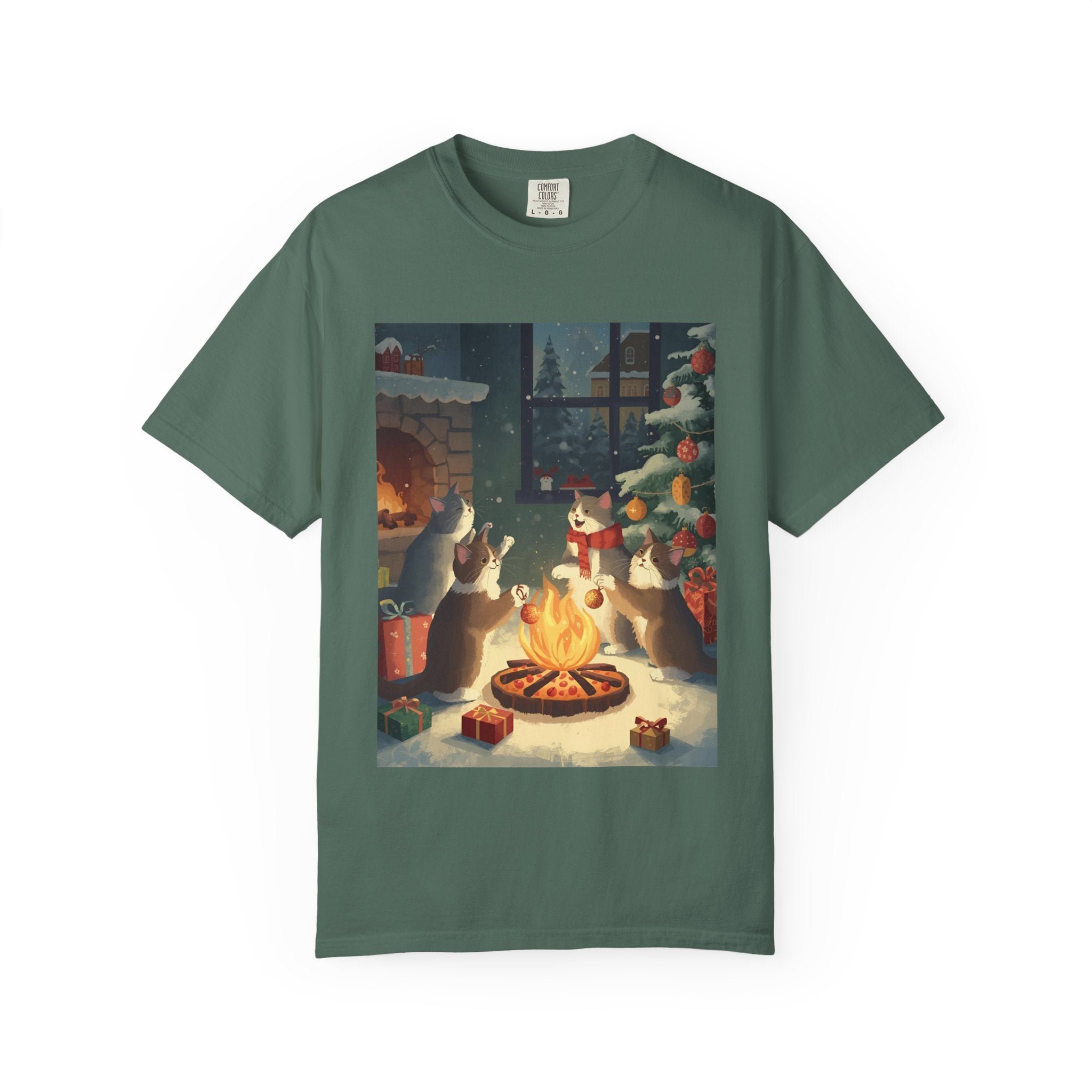 Cozy Winter Cat T-shirt, Unisex Garment-Dyed Shirt, Holiday Gift, Christmas Apparel, Cat Lover Tee, Festive Casual Wear