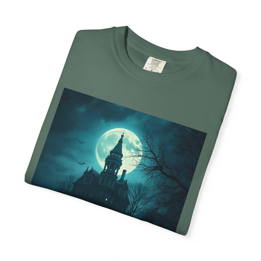 Haunted Moonlight Spooky Castle Graphic Tee | Unisex Garment-Dyed T-shirt, Halloween Shirt, Graphic Tee, Casual Wear, Gift for Ghost Lovers