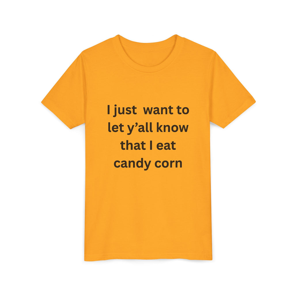 I Eat Candy Corn Youth Candy Corn Tee, Fun Halloween Shirt, Cute Short Sleeve Tee, Youth Graphic Top, Fall Celebration Apparel, Trick or Treat Shirt