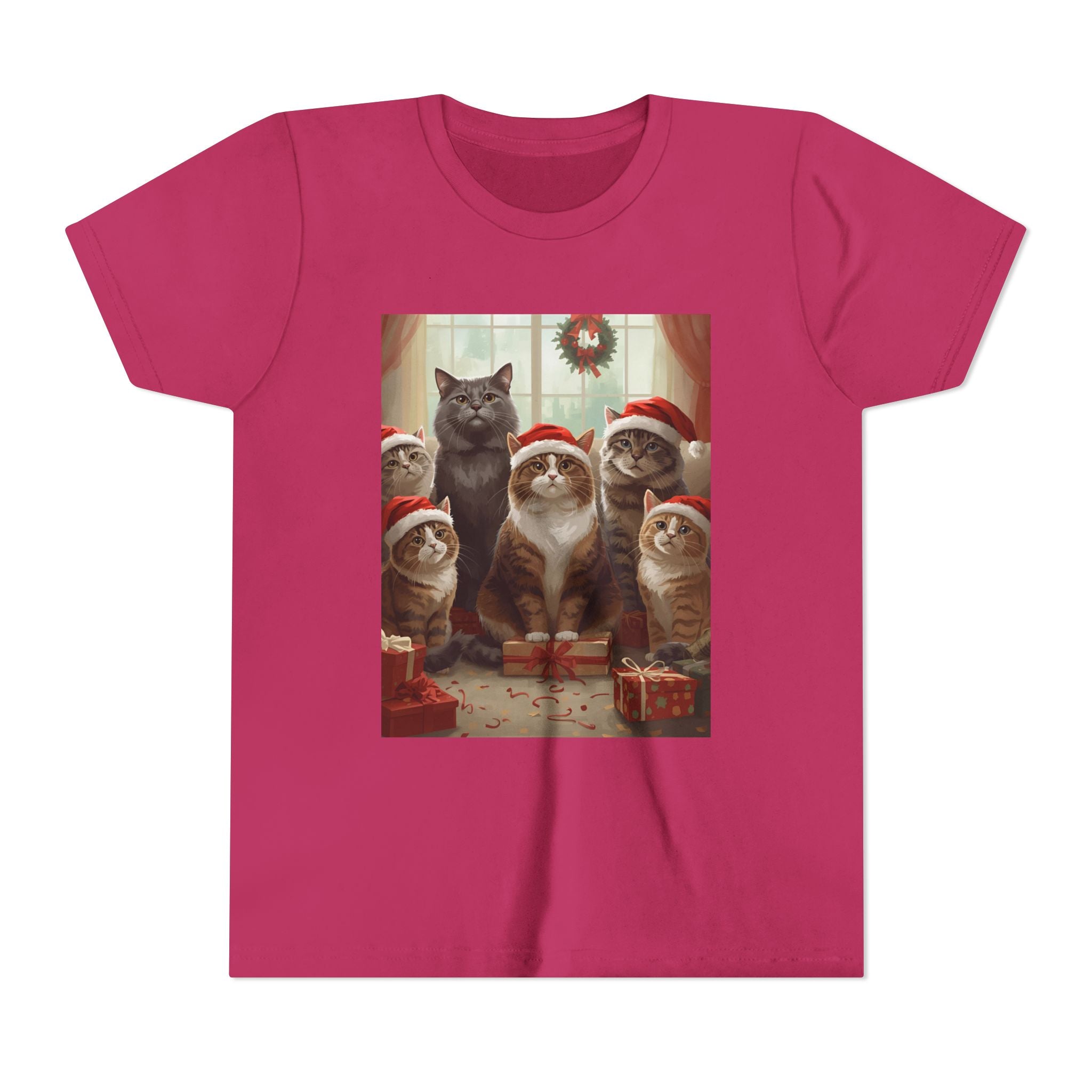 Cute Festive Christmas Cat Youth Short Sleeve Tee