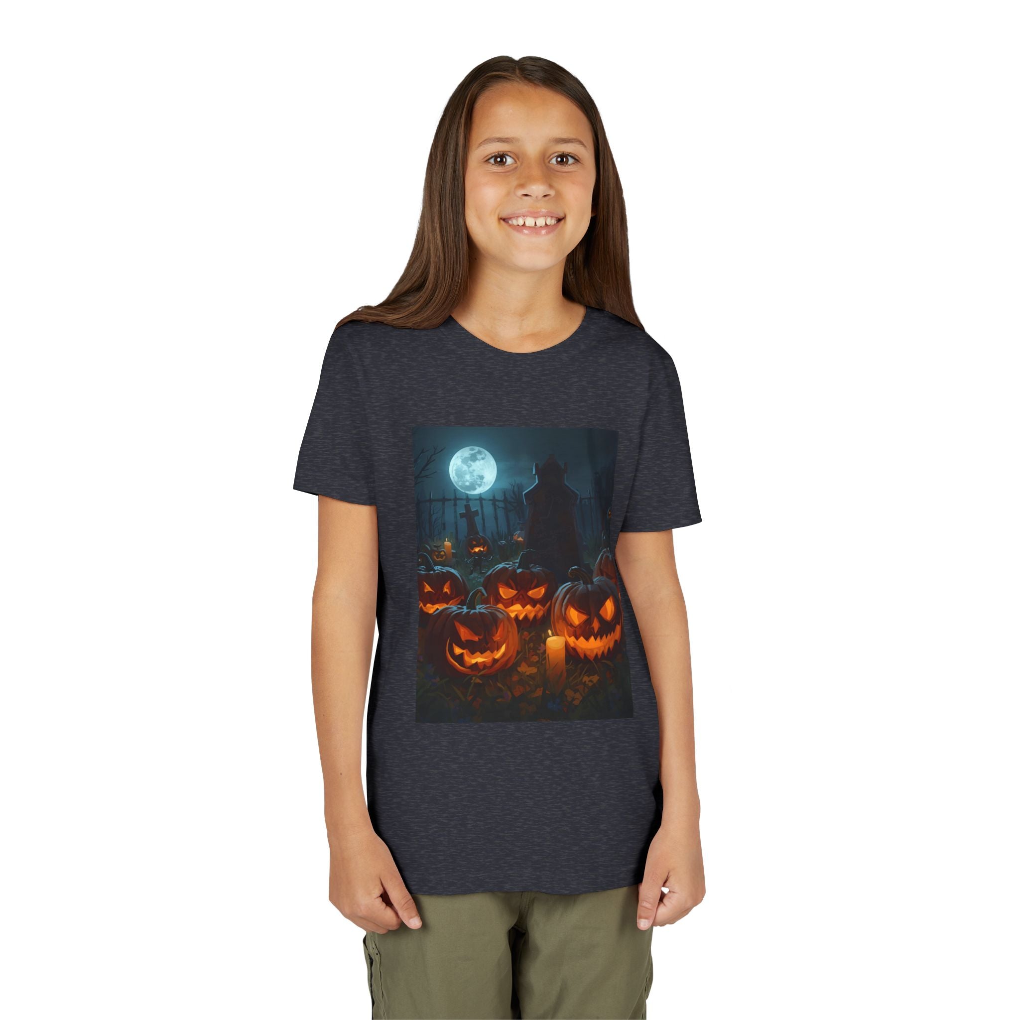Scary Halloween Pumpkin Youth Short Sleeve Tee, Cute Halloween Shirt, Kids Costume Top, Spooky Tees, Trick or Treat Shirt