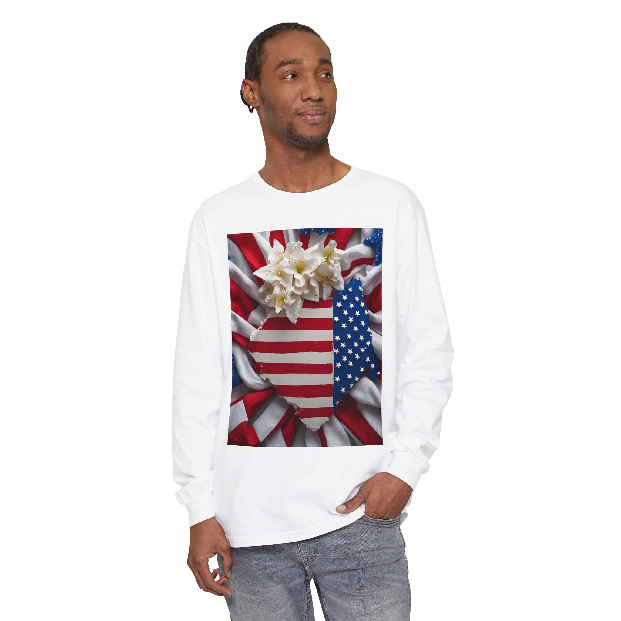 Patriotic Long Sleeve T-Shirt | Unisex Garment-Dyed Tee for Independence Day, Memorial Day, Fourth of July, Summer BBQs, Gifts