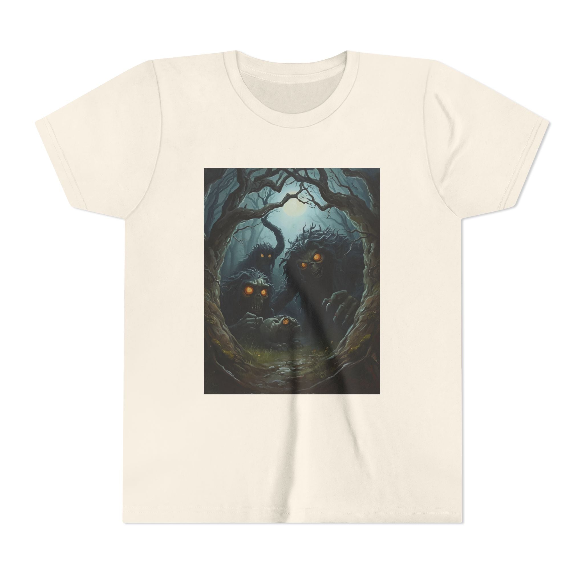 Spooky Mystical Forest Creatures Youth Tee, Cool Graphic T-Shirt, Kids Nature Shirt, Unique Gift for Boys & Girls, Perfect for Halloween