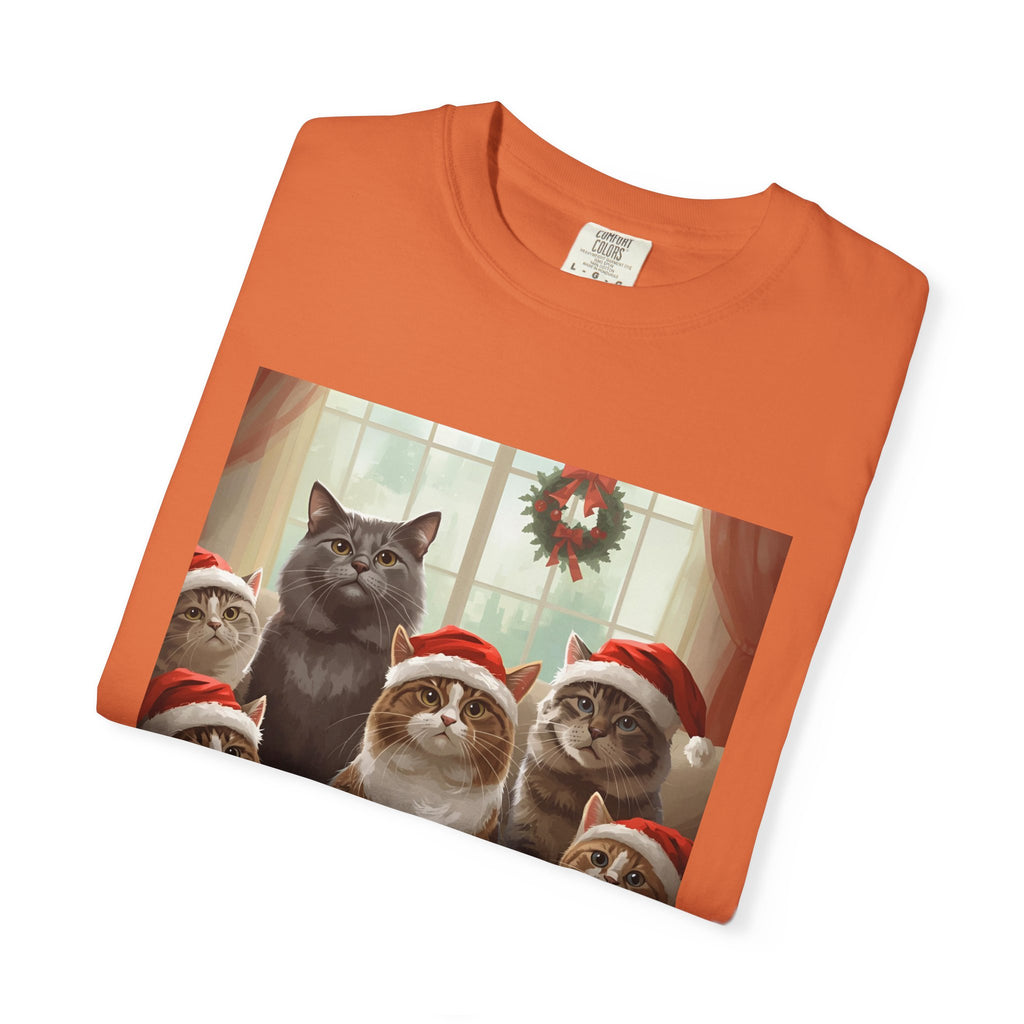 Cute Festive Funny Christmas Cat T-Shirt, Holiday Gift for Cat Lovers, Cute Tee for Winter, Unisex Garment-Dyed Shirt, Christmas Apparel, Festive Outfit