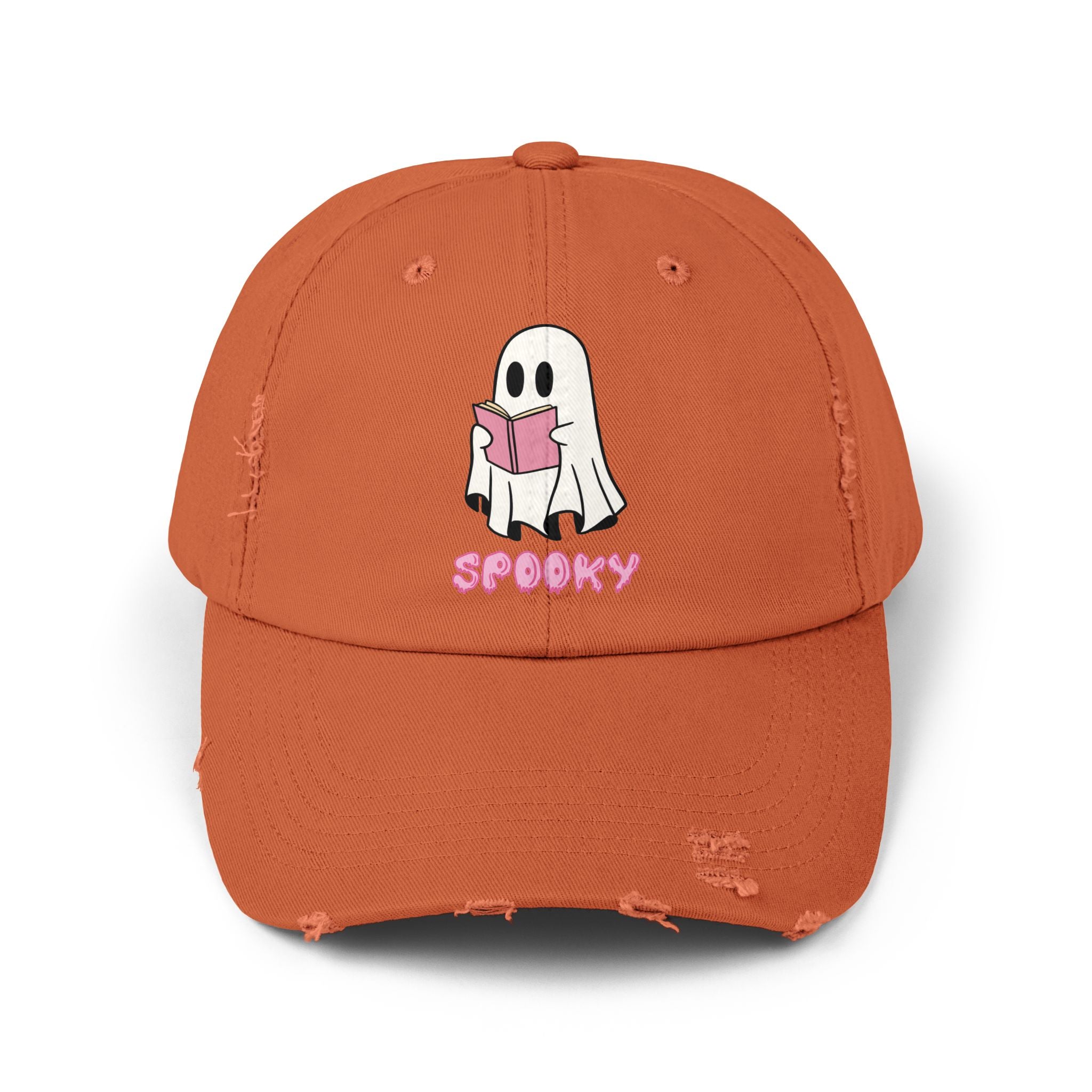 Spooky Ghost Reading Distressed Cap, Halloween Hat, Cute Adjustable Cap, Casual Everyday Wear, Trendy Fashion Accessory