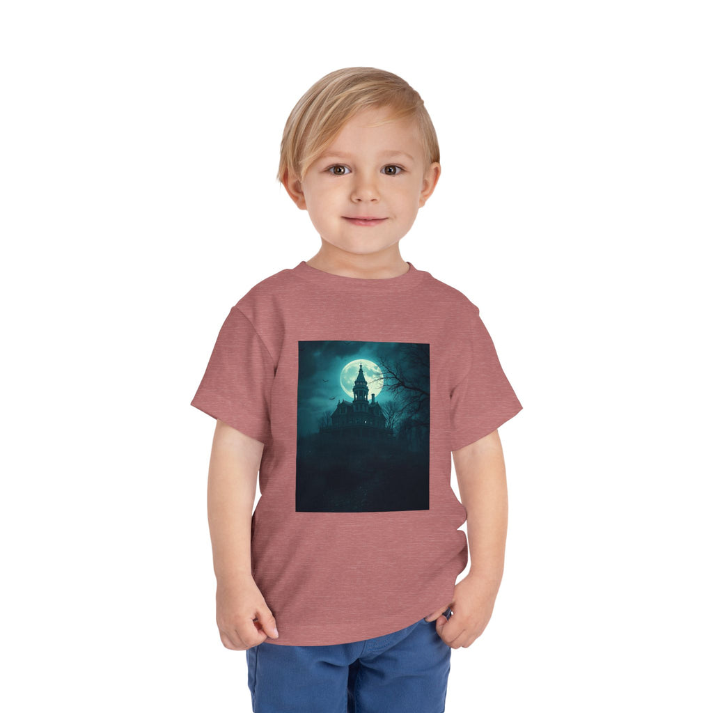 Haunted Moonlight Toddler Halloween Short Sleeve Tee, Ghostly Castle Shirt, Spooky Toddler Tee, Kids Halloween Costume Top, Fall Festivity Apparel