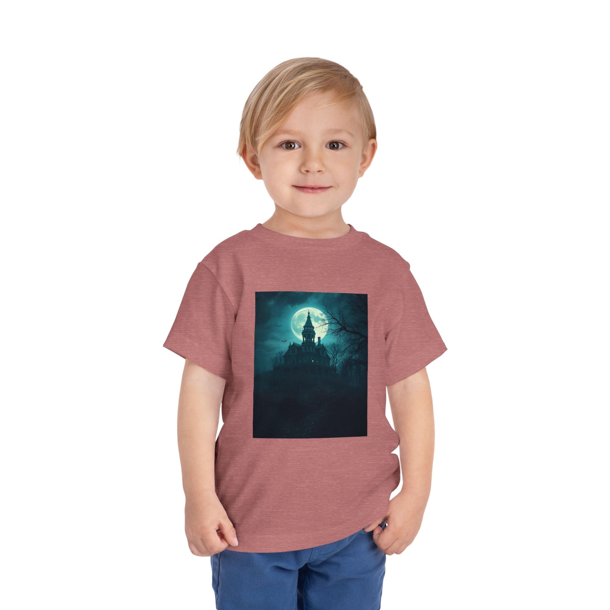 Haunted Moonlight Toddler Halloween Short Sleeve Tee, Ghostly Castle Shirt, Spooky Toddler Tee, Kids Halloween Costume Top, Fall Festivity Apparel