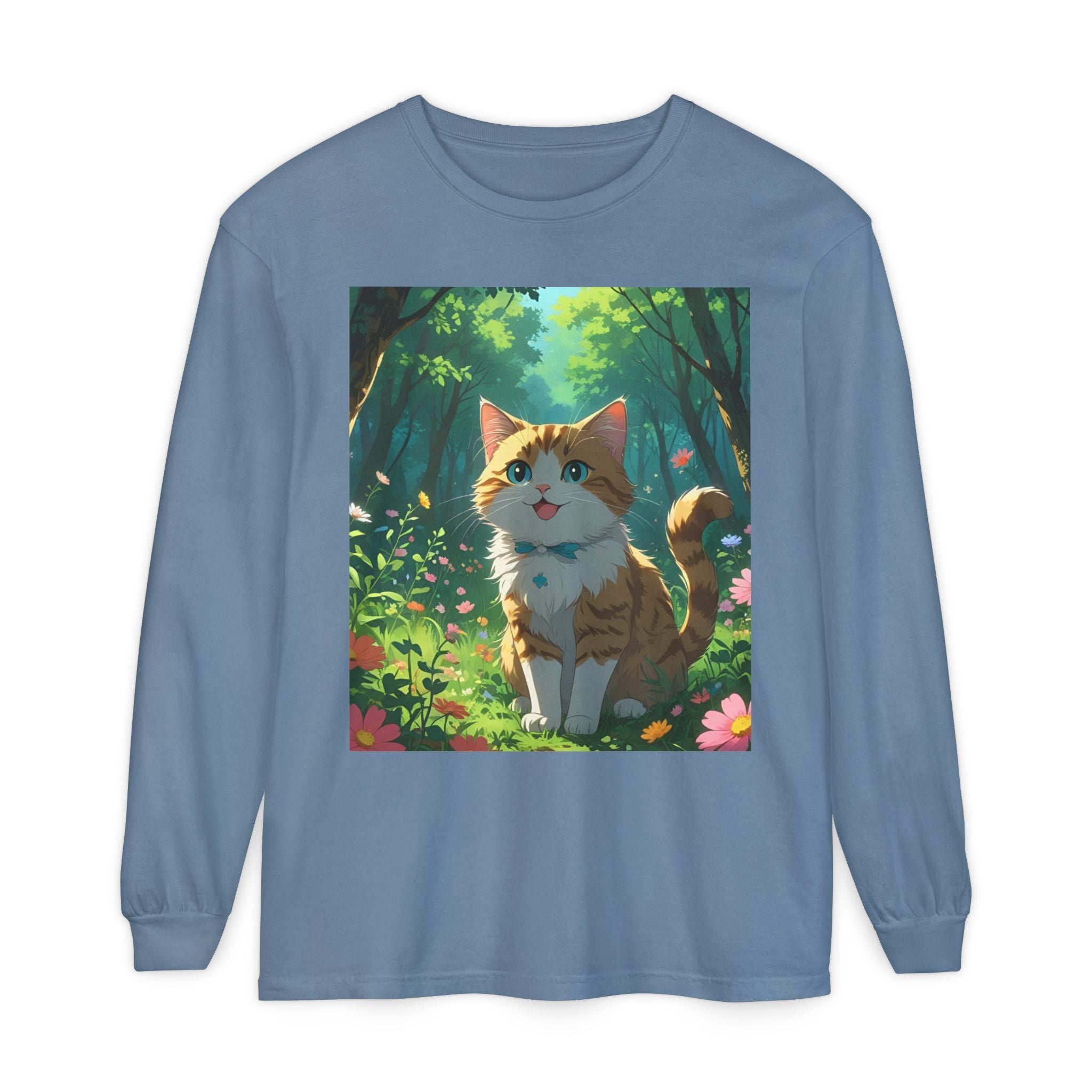 Whimsical Cat In Forest Long Sleeve T-Shirt - Perfect for Cat Lovers, Nature Enthusiasts, Gifts, Cozy Wear, Everyday Style