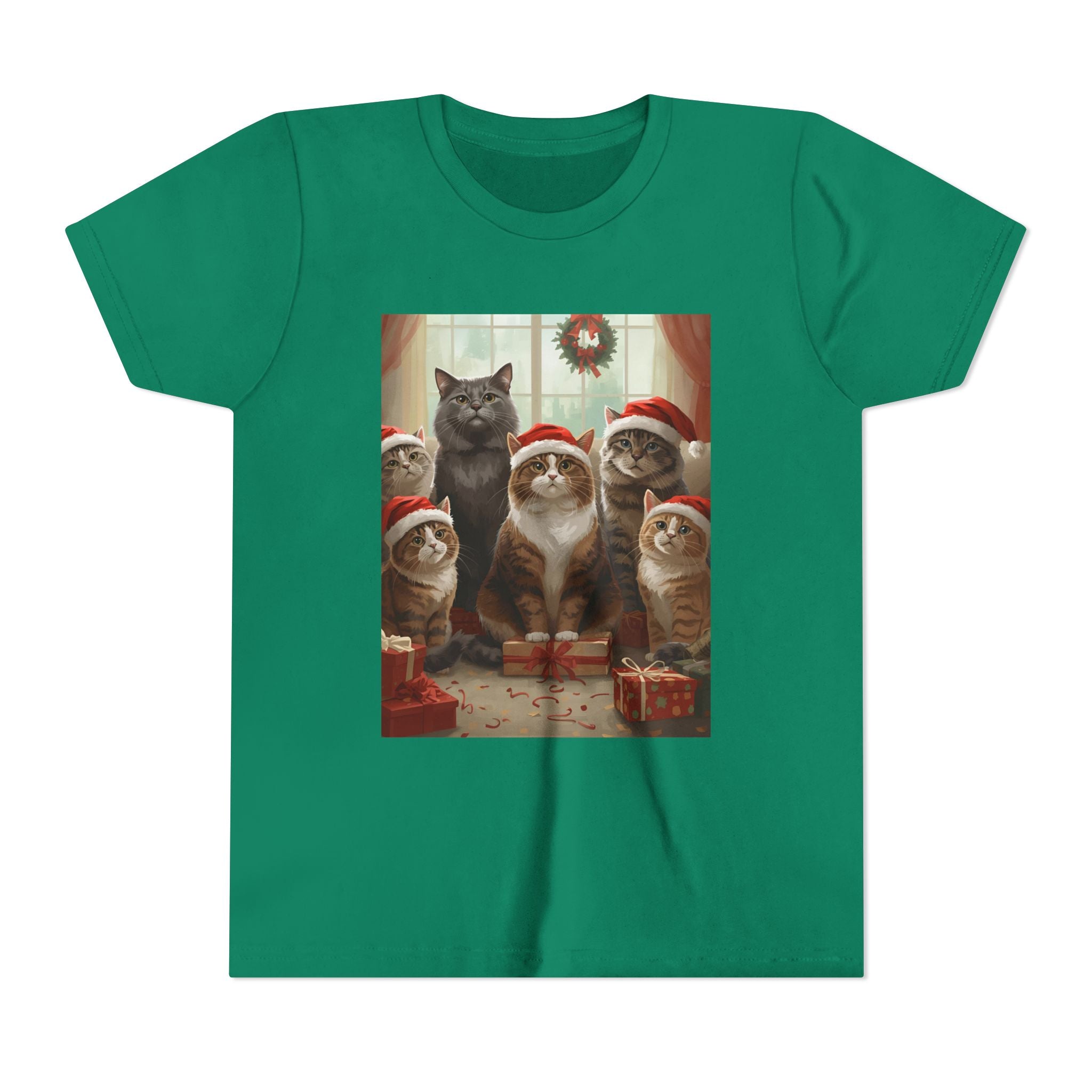 Cute Festive Christmas Cat Youth Short Sleeve Tee