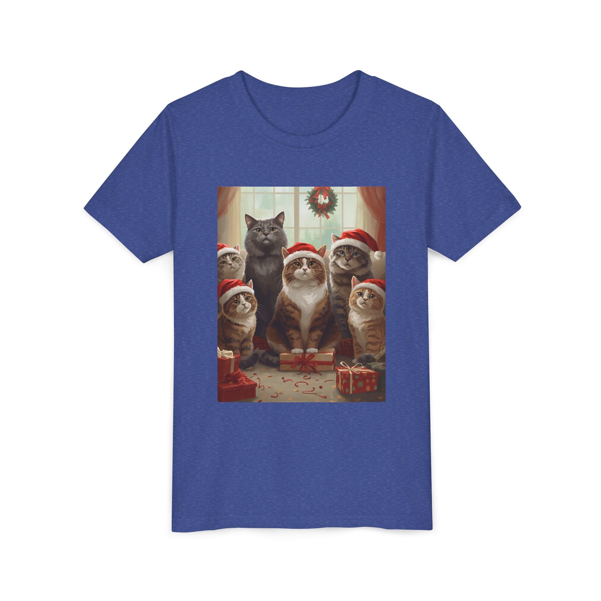 Cute Festive Christmas Cat Youth Short Sleeve Tee