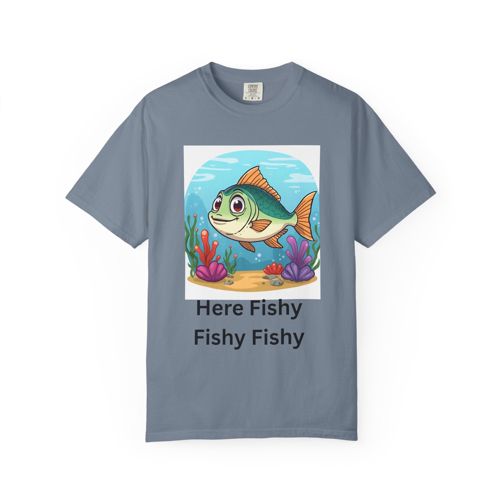 Here Fishy Fishy Fishy Colorful Fish-Themed Unisex T-Shirt, Fun Graphic Tee for Kids and Adults, Perfect for Summer, Fishing Trips, and Gift Giving
