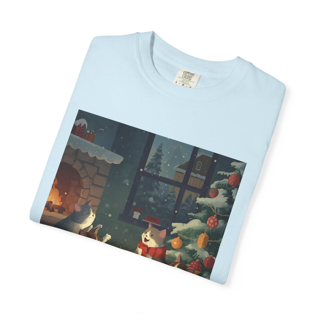Cozy Winter Cat T-shirt, Unisex Garment-Dyed Shirt, Holiday Gift, Christmas Apparel, Cat Lover Tee, Festive Casual Wear