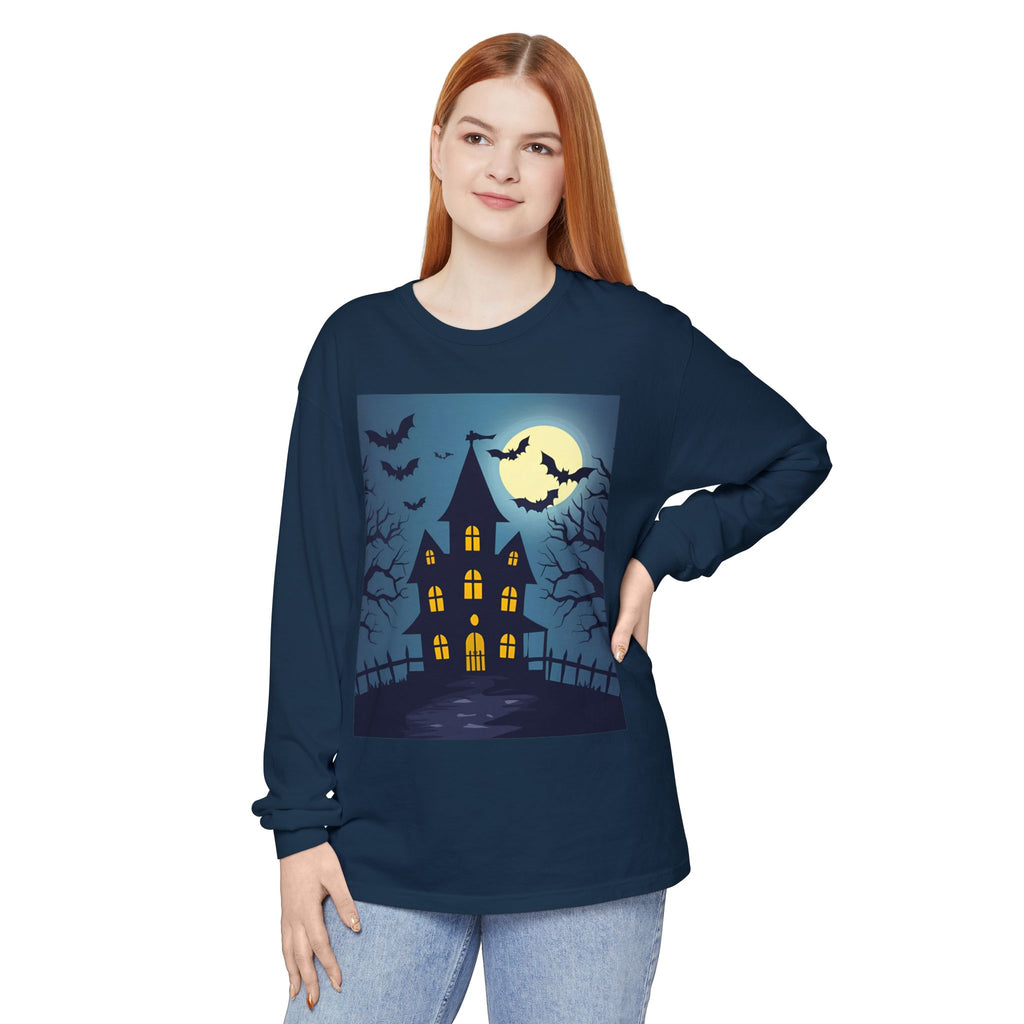 Haunted House Long Sleeve T-Shirt | Halloween Apparel, Fall Fashion, Spooky Shirt, Unisex Tee, Ghostly Vibes