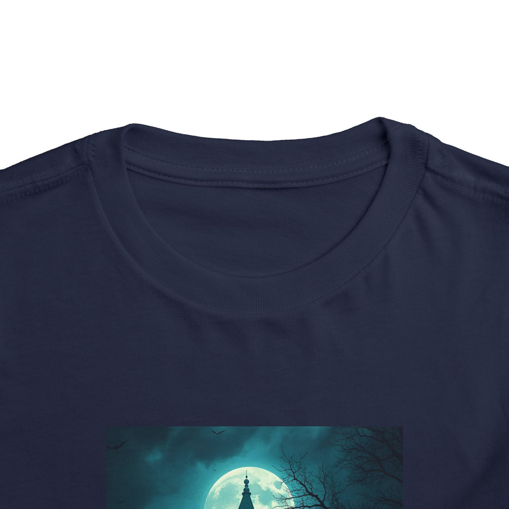 Haunted Moonlight Toddler Halloween Short Sleeve Tee, Ghostly Castle Shirt, Spooky Toddler Tee, Kids Halloween Costume Top, Fall Festivity Apparel