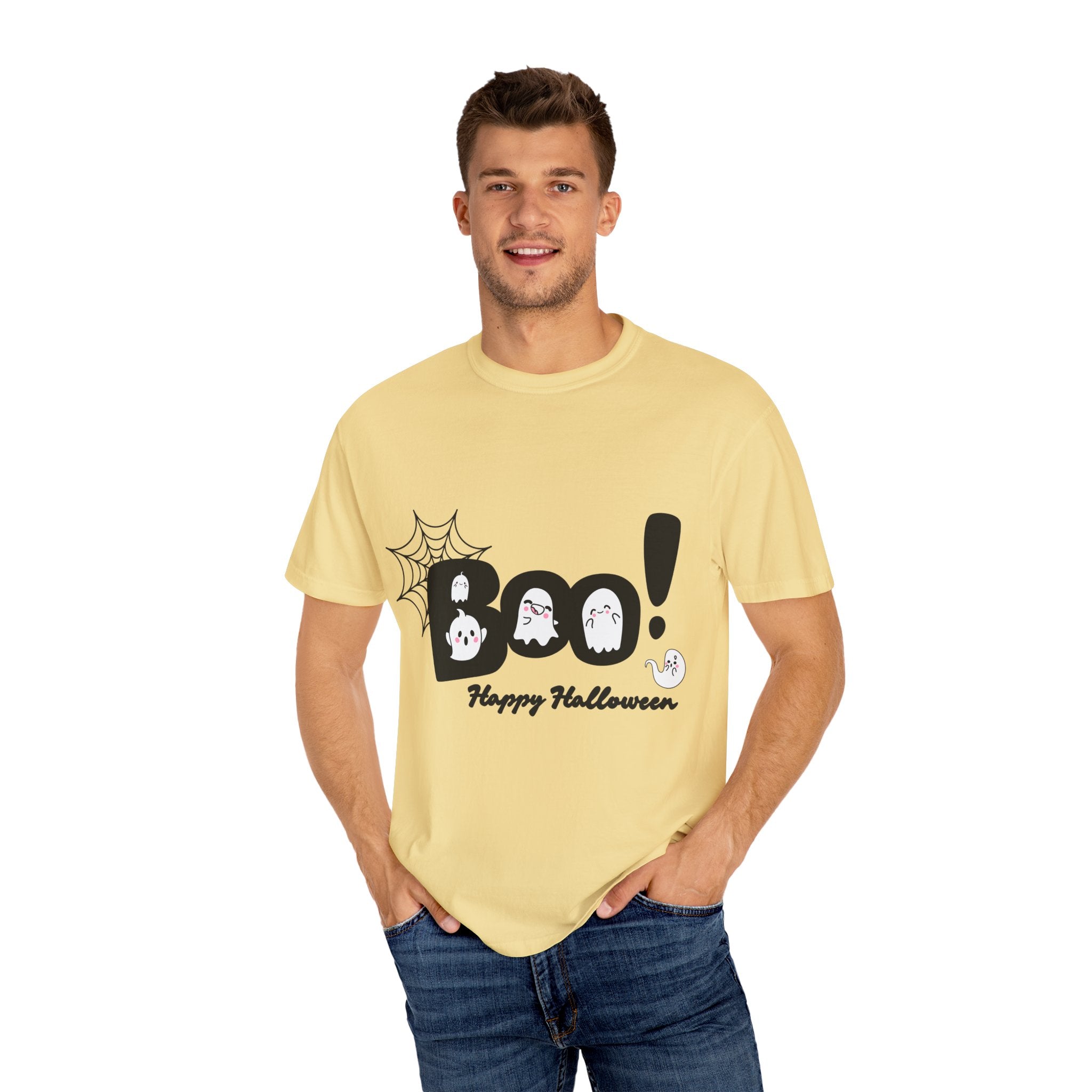 Halloween Boo T-Shirt, Unisex Garment-Dyed Tee, Spooky Costume, Fall Apparel, Trick or Treat Shirt, Ghost Print Top