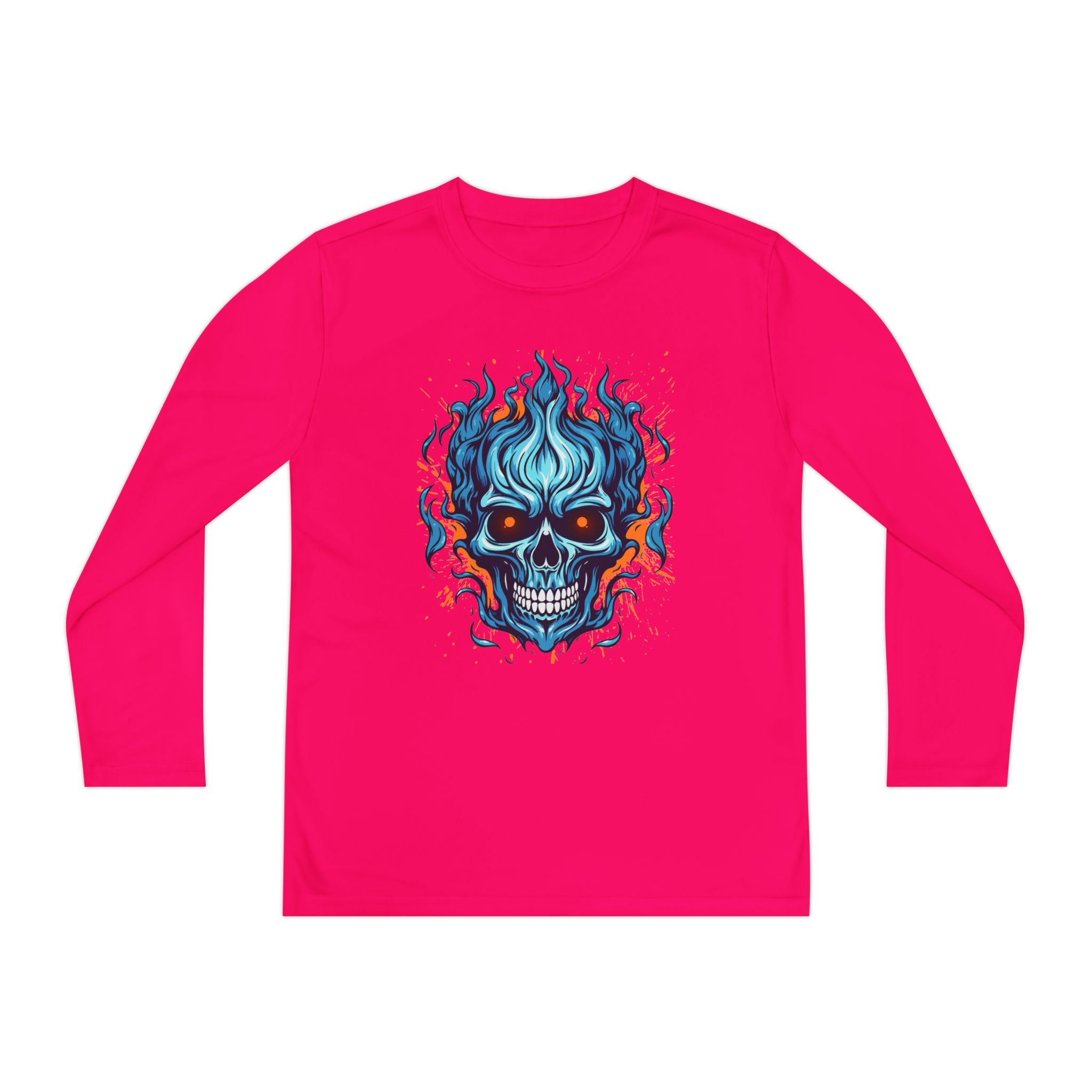 Skull Flame Youth Long Sleeve Skull Tee, Perfect for Halloween, Edgy Gift for Teens, Cozy Casual Wear, Skull Art Graphic Tee, Unique Birthday Present
