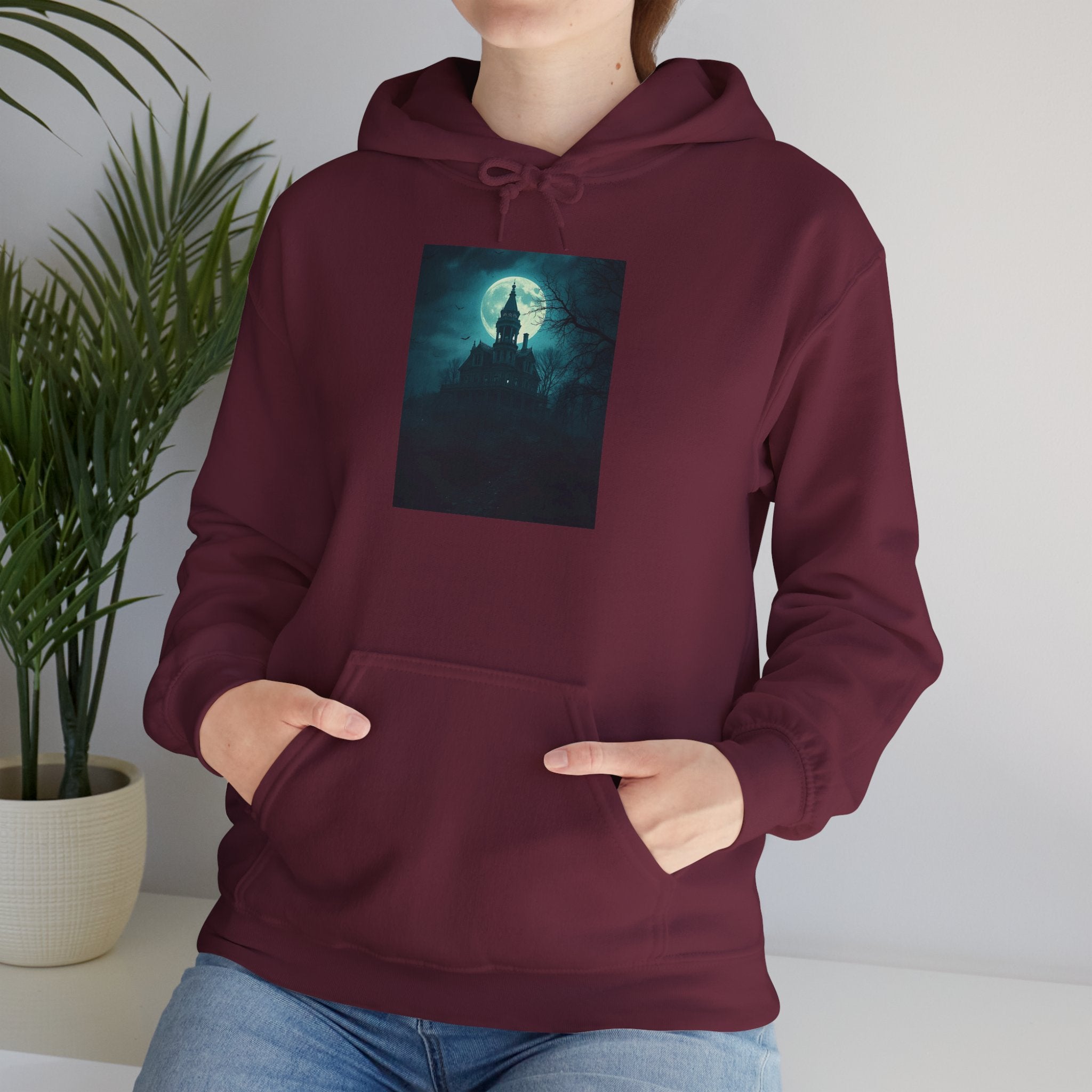 Haunted Moonlight Mystical Nightscape Hooded Sweatshirt - Cozy Casual, Unisex Fashion, Gift Idea, Halloween Apparel, Unique Statement Piece