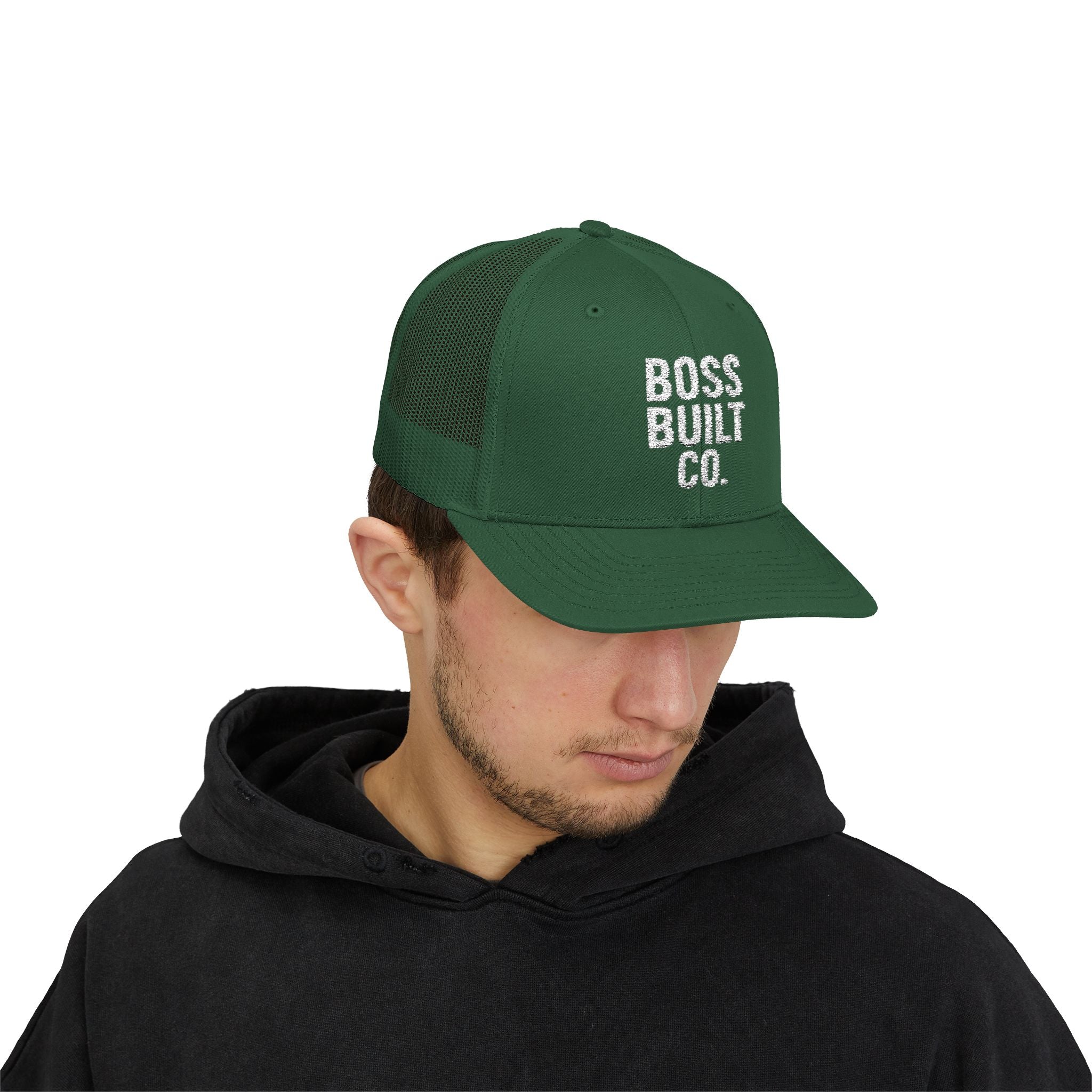 Boss Built Co. Trucker Hat — Vintage Distressed Snapback Cap for Builders & Makers