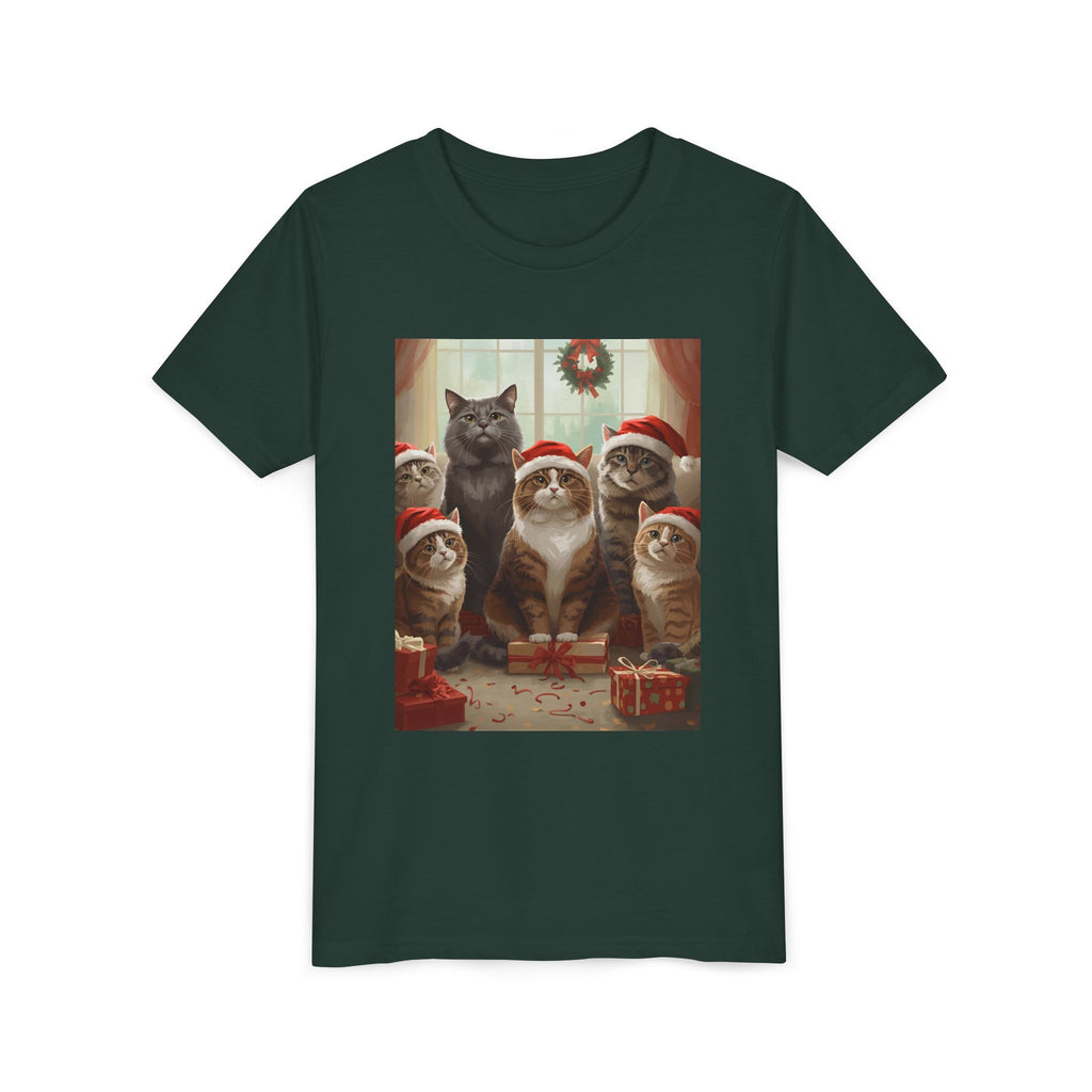 Cute Festive Christmas Cat Youth Short Sleeve Tee