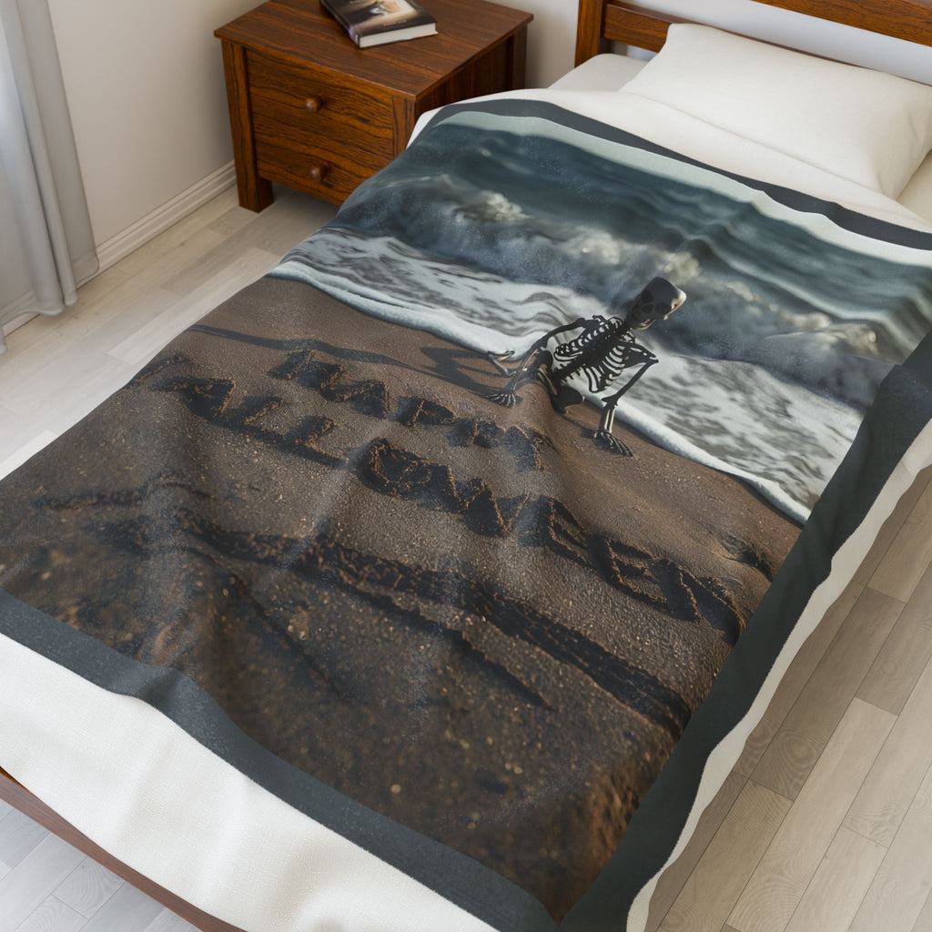 Halloween Skeleton On Beach Velveteen Plush Blanket