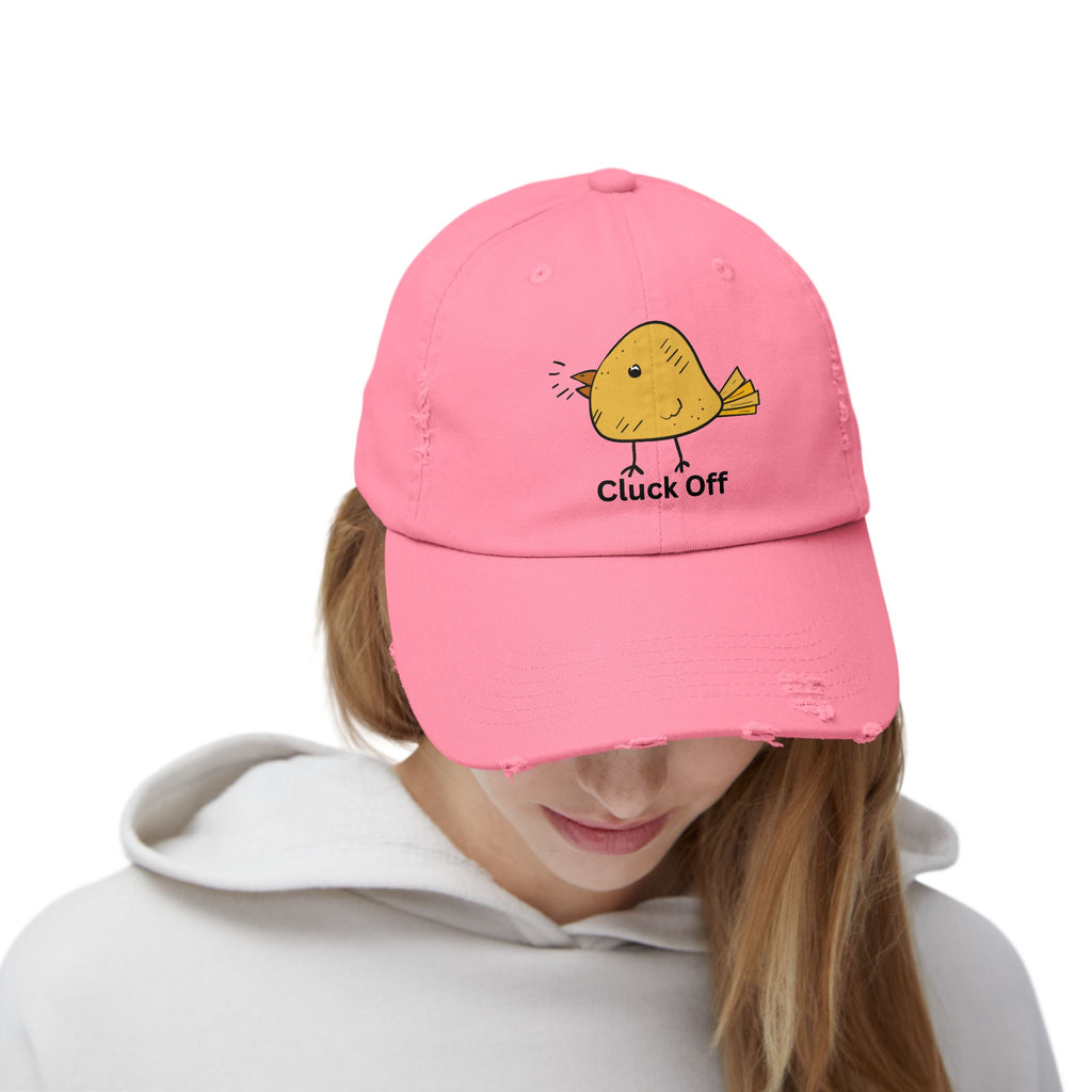 Quirky Distressed Cap with 'Cluck Off' Design - Fun Gift for Bird Lovers, Casual Wear, Summer Accessory, Unique Hat, Funny Cap