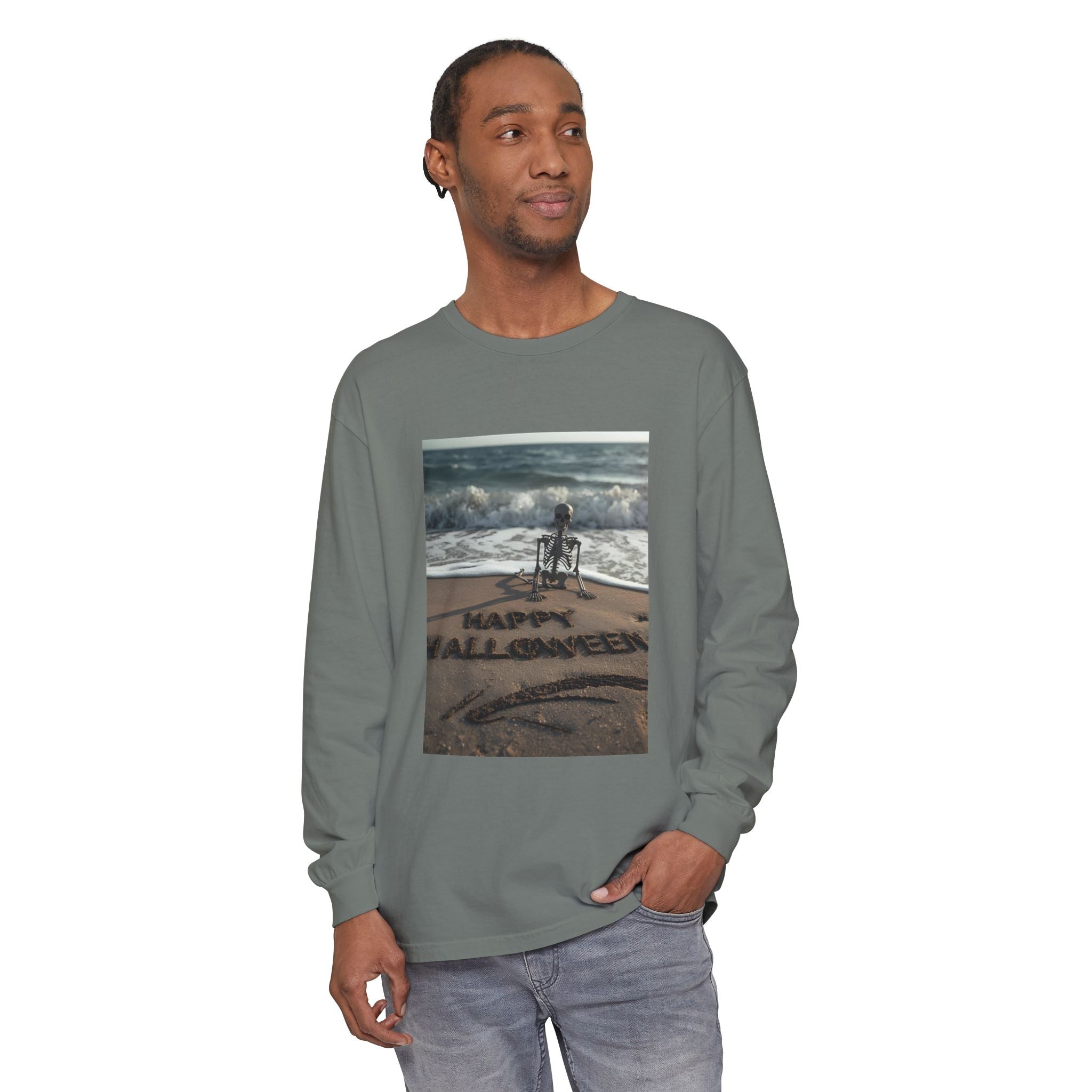 Happy Halloween Beach Skeleton Vibes Unisex Garment-dyed Long Sleeve T-Shirt