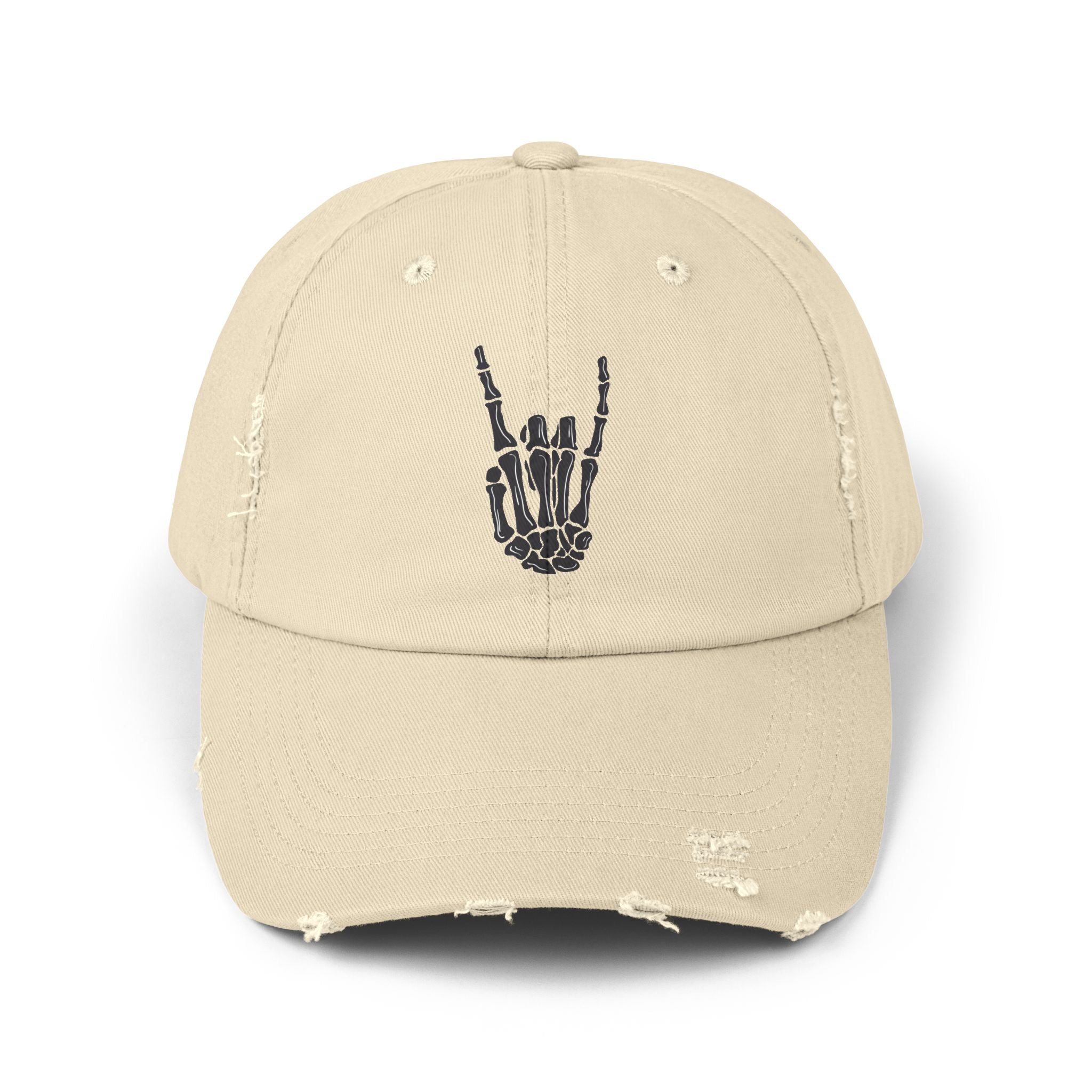 Distressed Cap with Rock Hand Design, Casual Hat for Music Lovers, Stylish Accessory, Gift for Concert Goers, Trendy Fashion Item