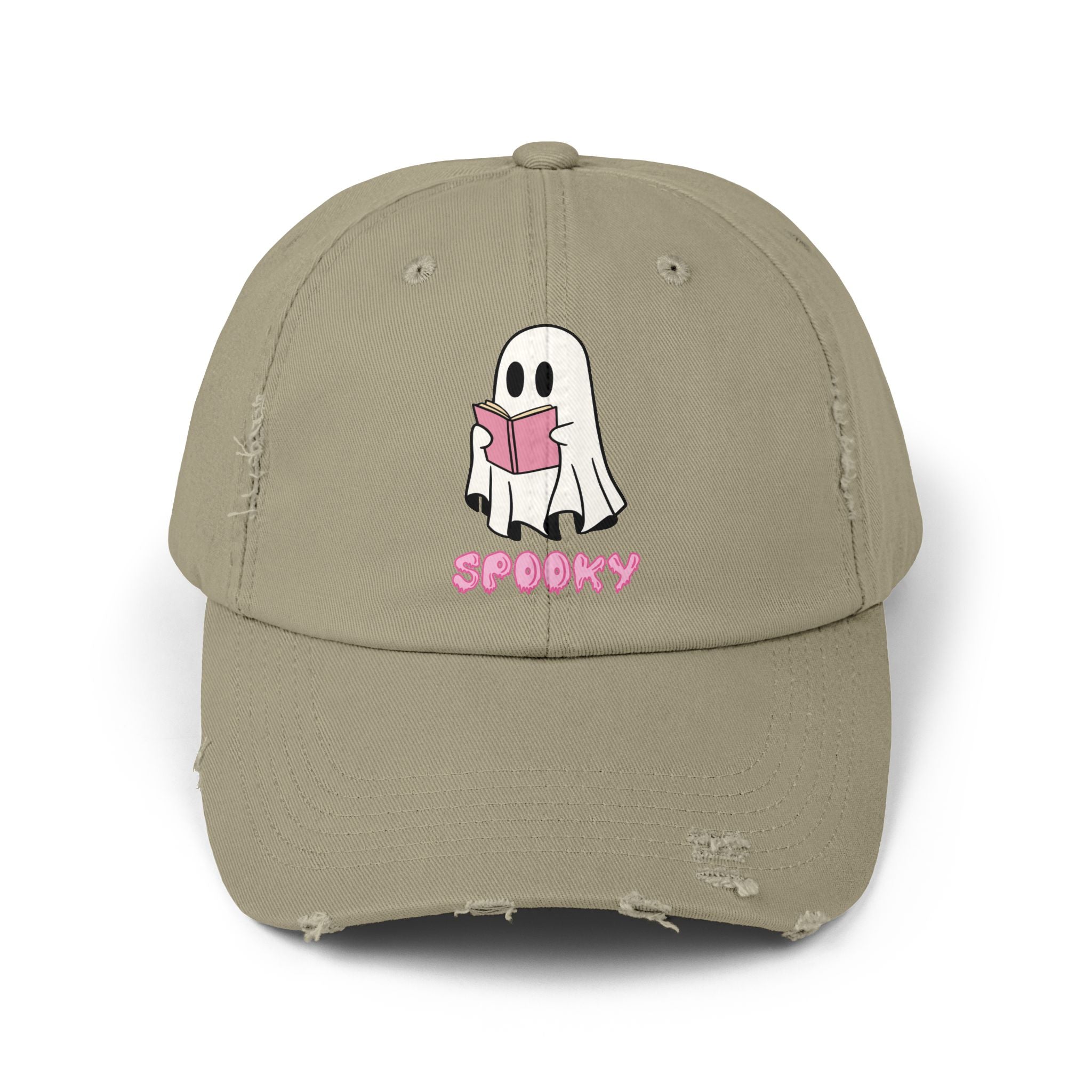 Spooky Ghost Reading Distressed Cap, Halloween Hat, Cute Adjustable Cap, Casual Everyday Wear, Trendy Fashion Accessory