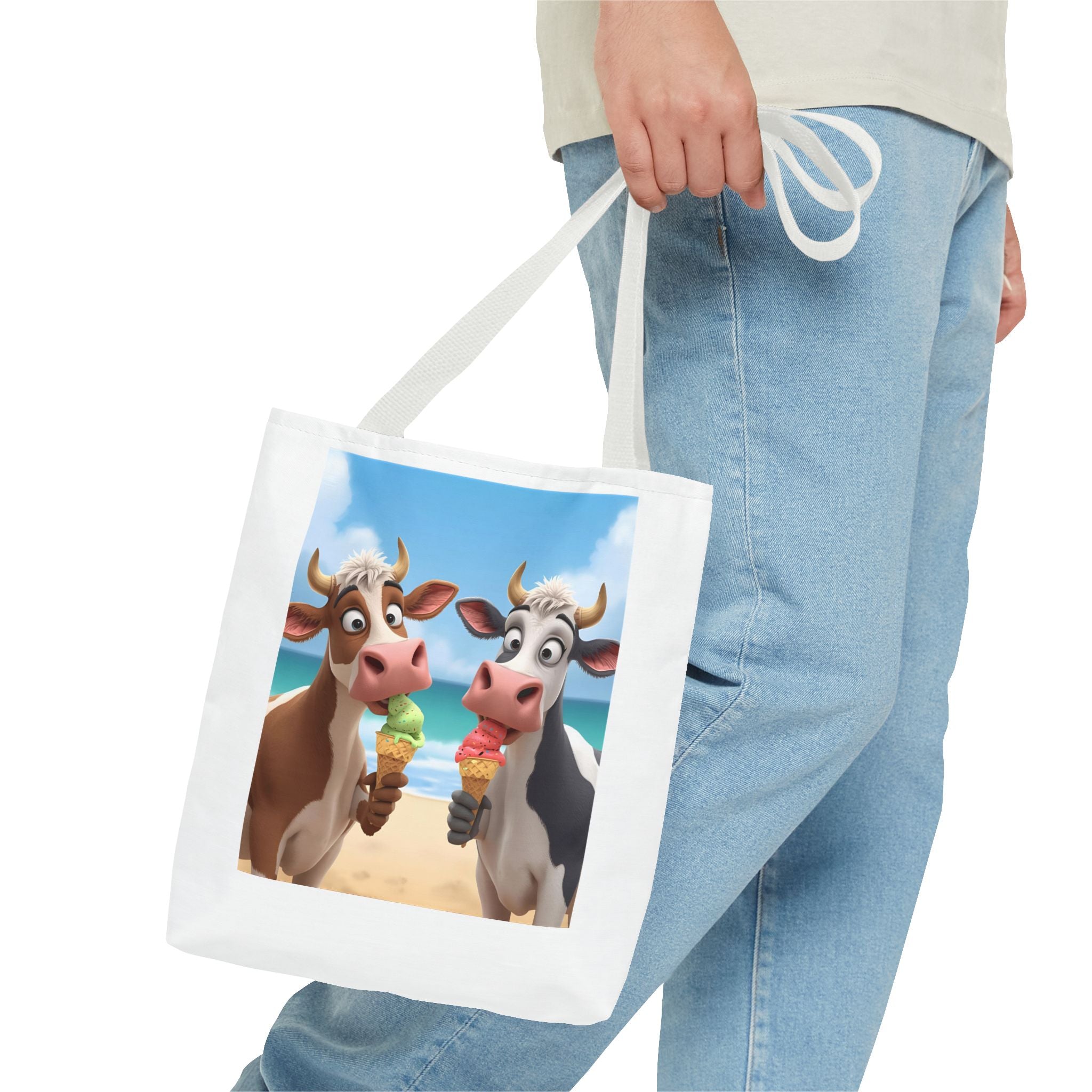 Fun Cartoon Cow Tote Bag for Ice Cream Lovers, Cute Beach Bag, Animal Lover Gift, Summer Accessory, AOP Design