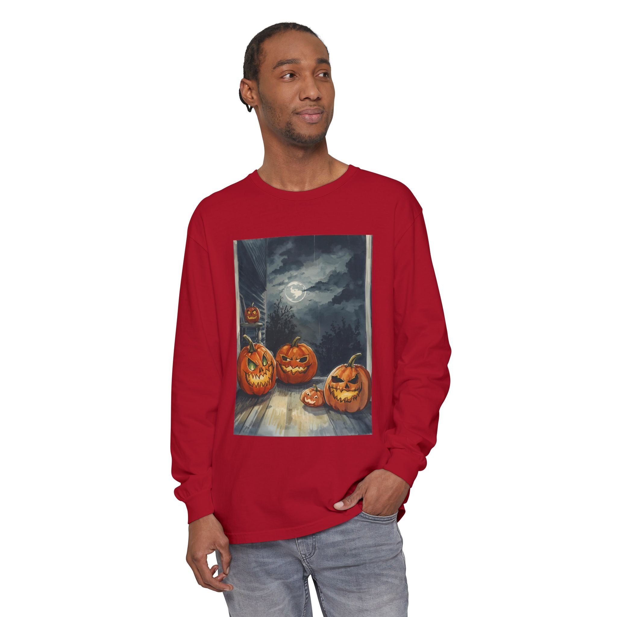 Halloween Pumpkin Scary Unisex Garment-dyed Long Sleeve T-Shirt