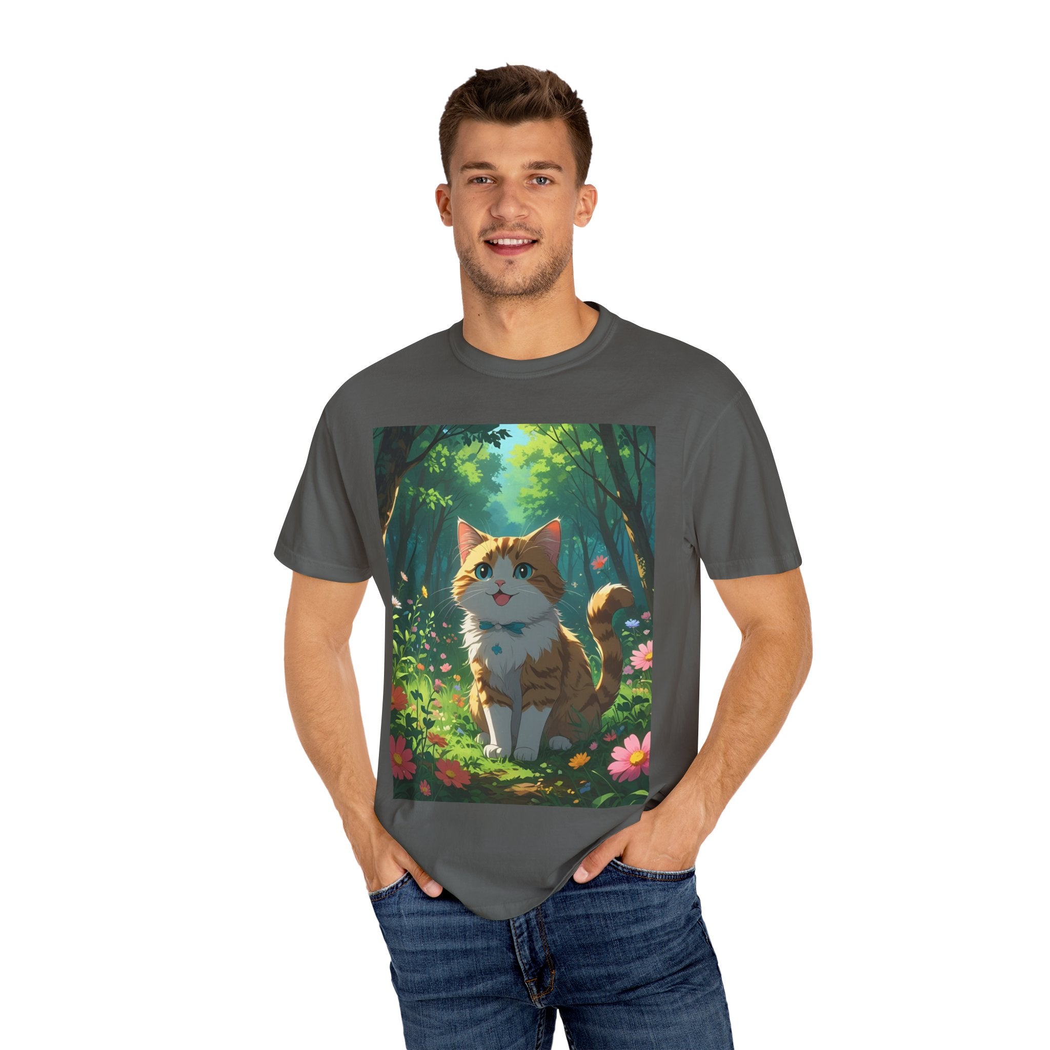 Whimsical Cat In Forest T-Shirt | Nature Lover Gift, Cute Pet Shirt, Animal Art Tee, Summer Outfit, Eco-Friendly Fashion
