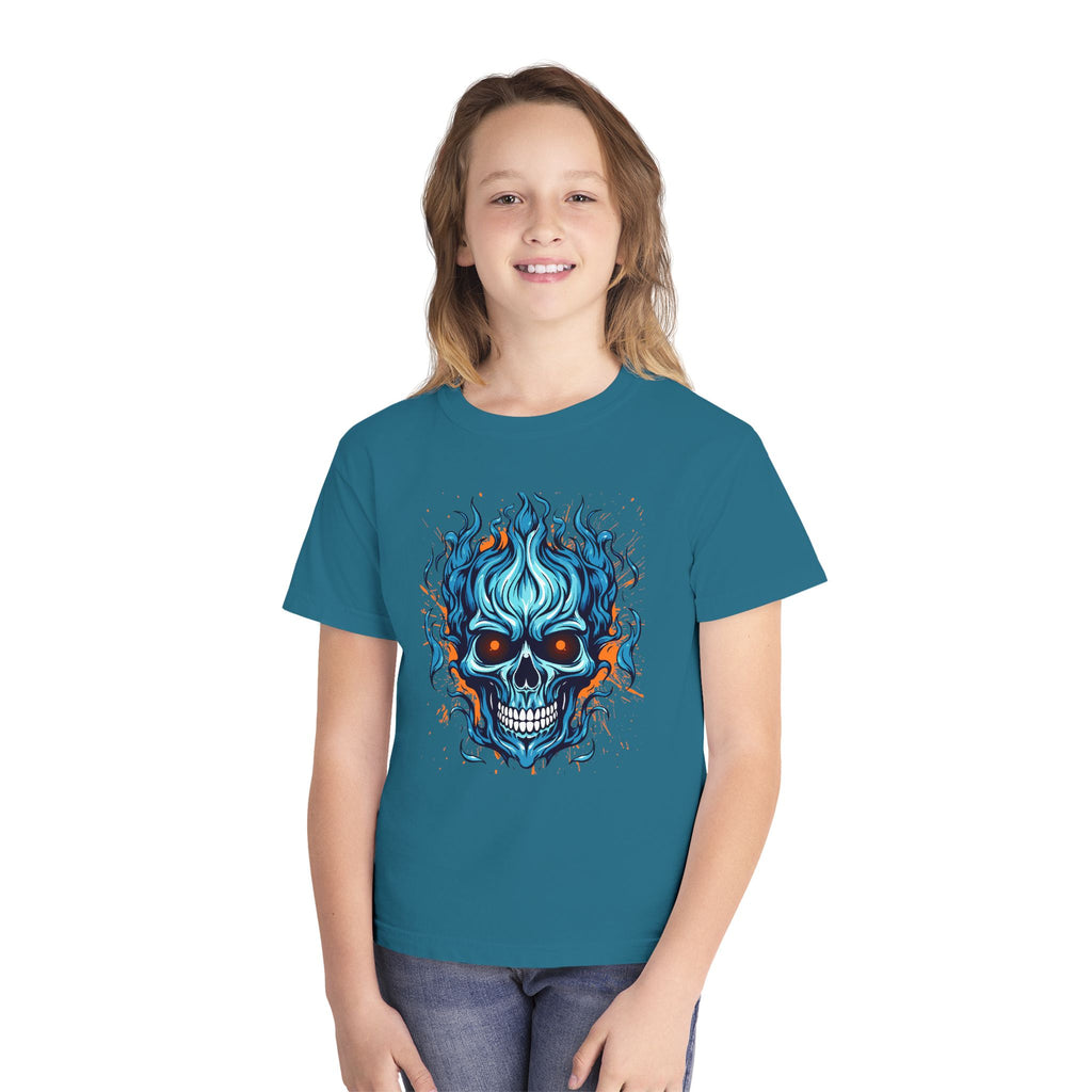 Skull Flame Youth Graphic Skull Tee, Cool Teen Fashion, Edgy Summer Wear, Halloween Costume, Unique Gift for Kids, Casual Everyday Style