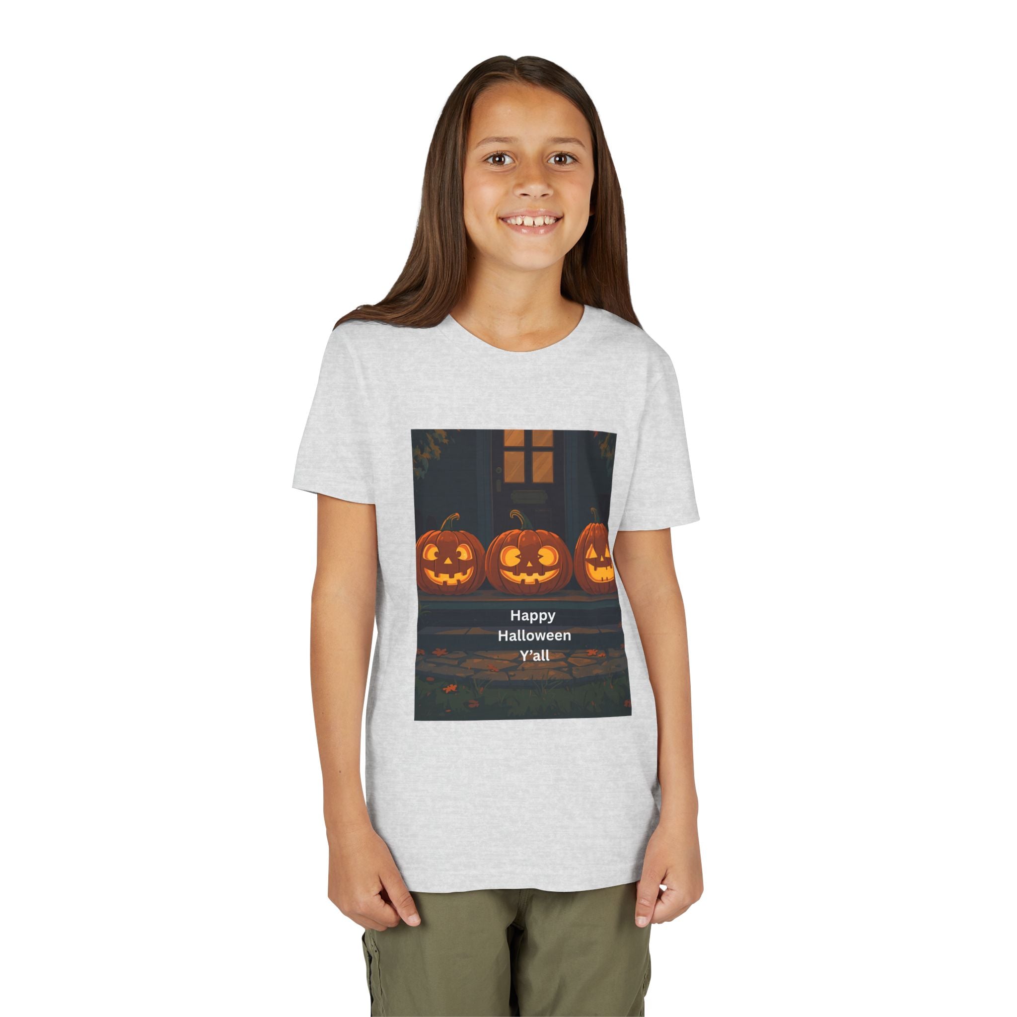 Halloween Pumpkin Youth Tee, Jack-o'-lantern Shirt, Trick or Treat Apparel, Spooky Kids T-Shirt, Halloween Costume Top