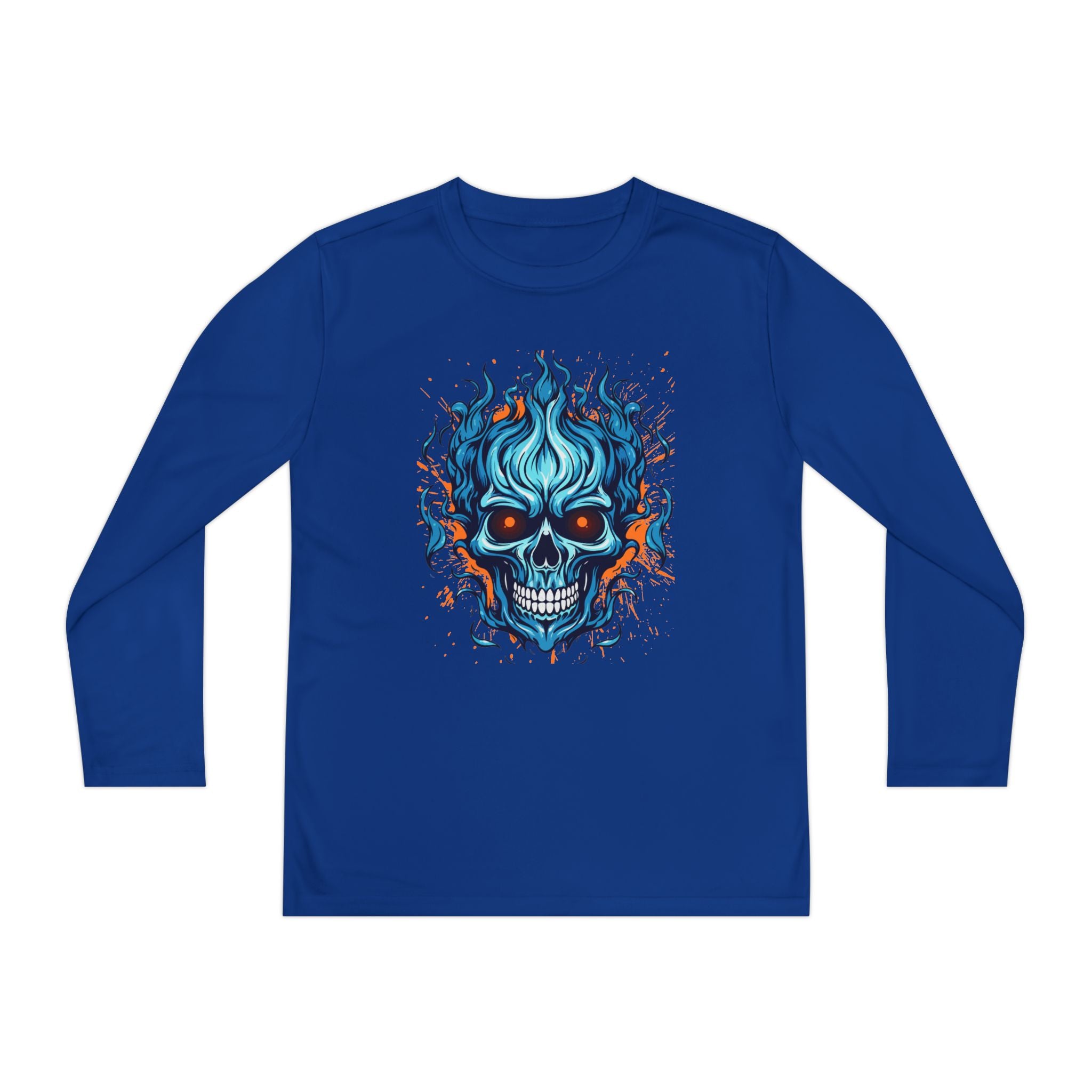Skull Flame Youth Long Sleeve Skull Tee, Perfect for Halloween, Edgy Gift for Teens, Cozy Casual Wear, Skull Art Graphic Tee, Unique Birthday Present