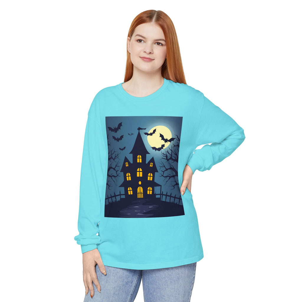 Haunted House Long Sleeve T-Shirt | Halloween Apparel, Fall Fashion, Spooky Shirt, Unisex Tee, Ghostly Vibes