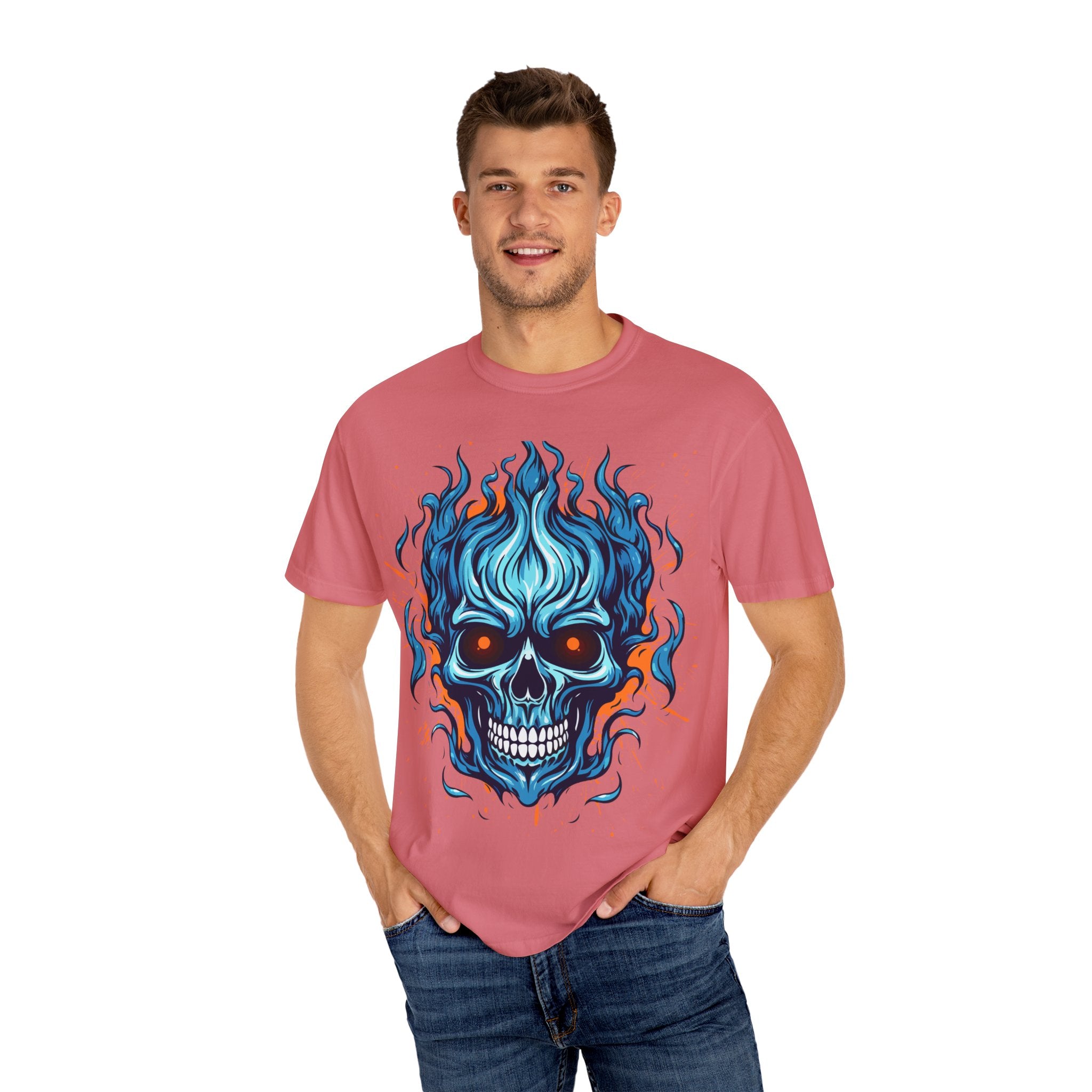 Flaming Skull T-Shirt, Unisex Graphic Tee, Edgy Casual Wear, Halloween Apparel, Gift for Rock Music Fans