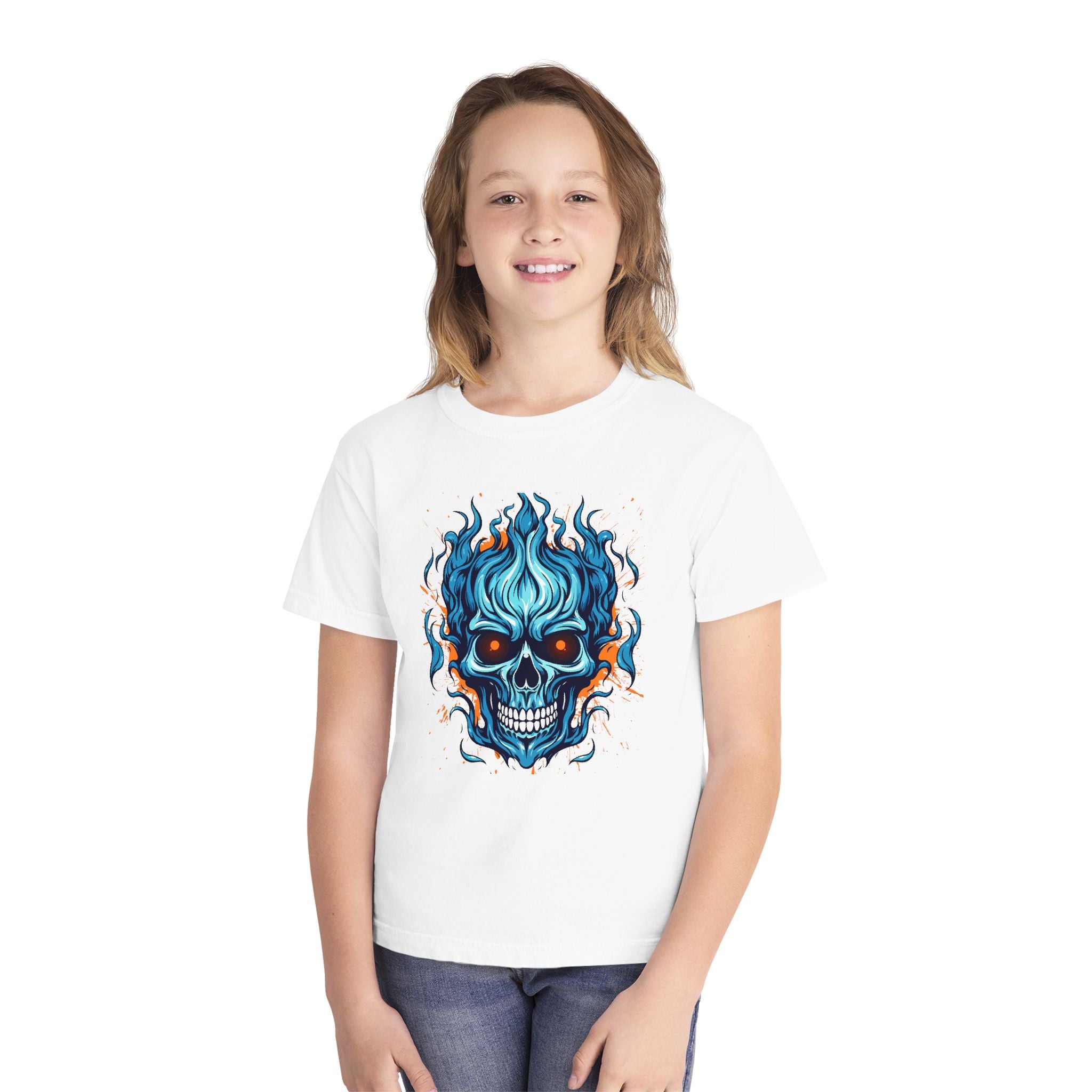 Skull Flame Youth Graphic Skull Tee, Cool Teen Fashion, Edgy Summer Wear, Halloween Costume, Unique Gift for Kids, Casual Everyday Style