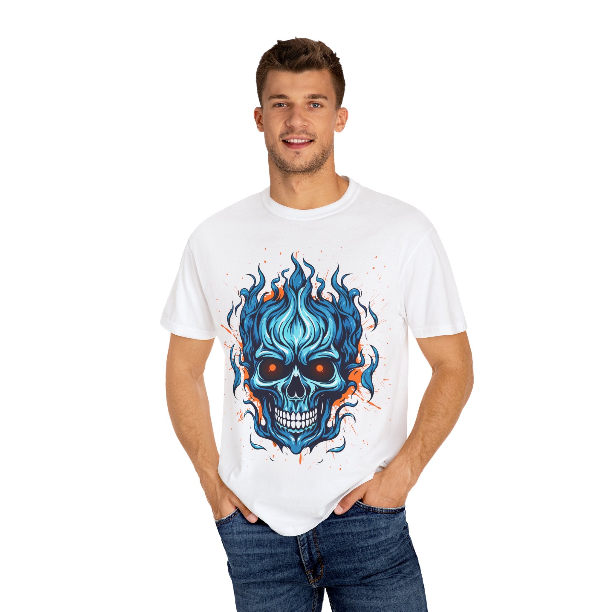 Flame Skull Graphic T-Shirt | Unisex Apparel for Rock Lovers, Halloween Costume, Edgy Style, Concert Fashion, Gift for Him/Her