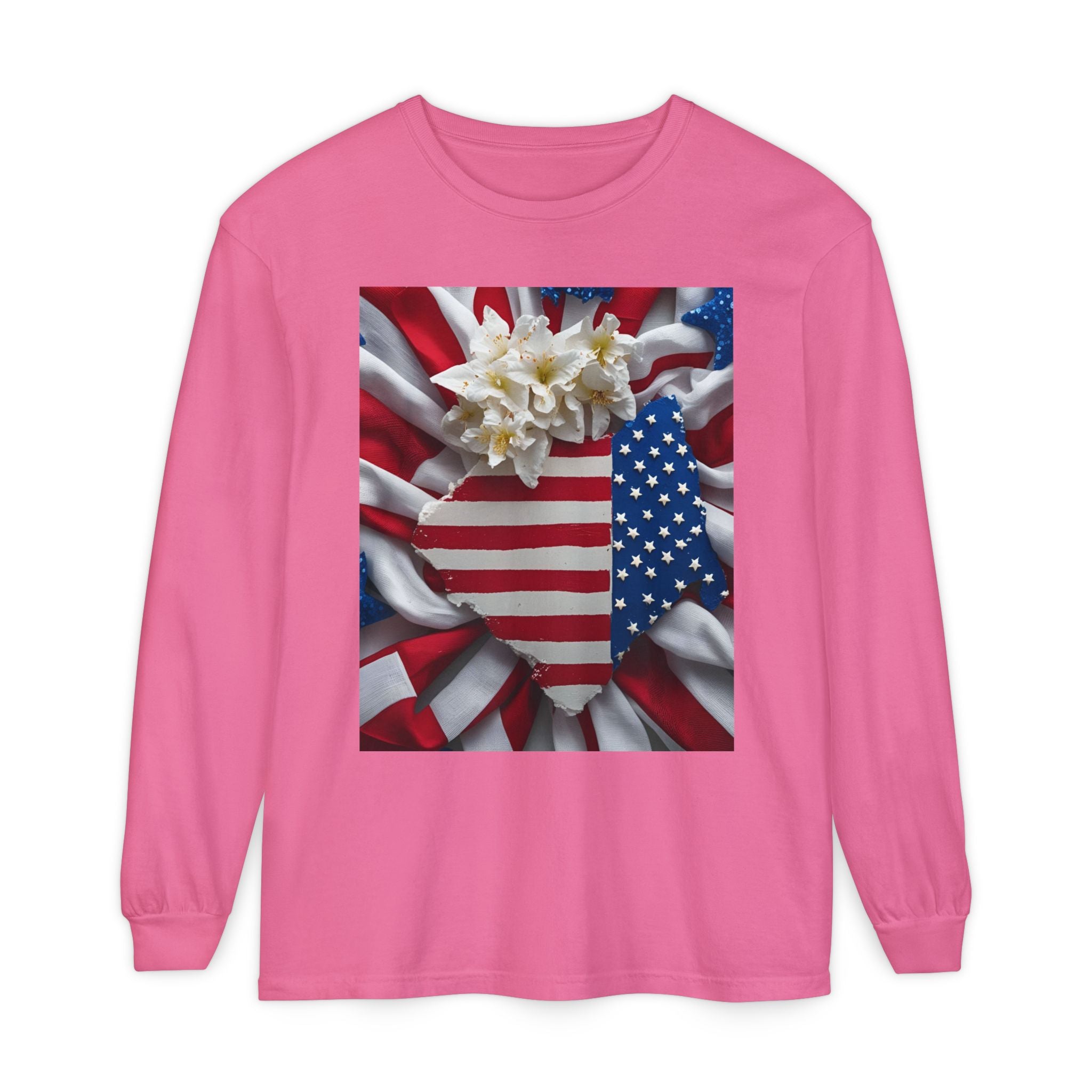 Patriotic Long Sleeve T-Shirt | Unisex Garment-Dyed Tee for Independence Day, Memorial Day, Fourth of July, Summer BBQs, Gifts