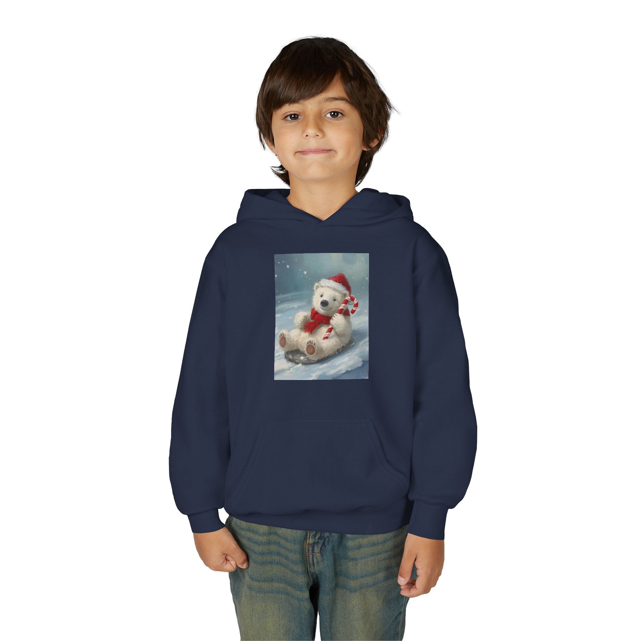 Cozy Christmas Bear Youth Hooded Sweatshirt, Winter Hoodie, Holiday Gift, Cute Sweatshirt for Kids, Festive Apparel
