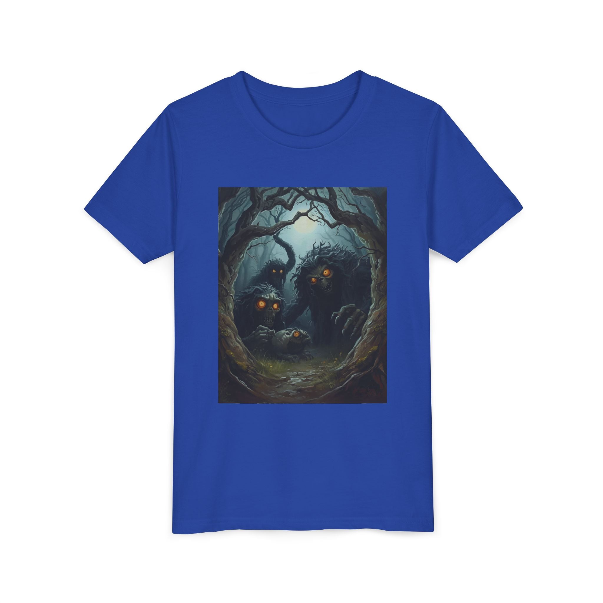 Spooky Mystical Forest Creatures Youth Tee, Cool Graphic T-Shirt, Kids Nature Shirt, Unique Gift for Boys & Girls, Perfect for Halloween