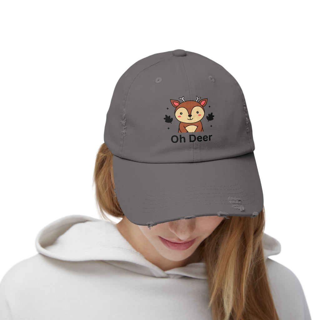 Cute Distressed Cap with 'Oh Deer' Design, Fun Gift for Nature Lovers, Unisex Outdoor Hat, Ideal for Birthdays, Holidays, Casual Wear