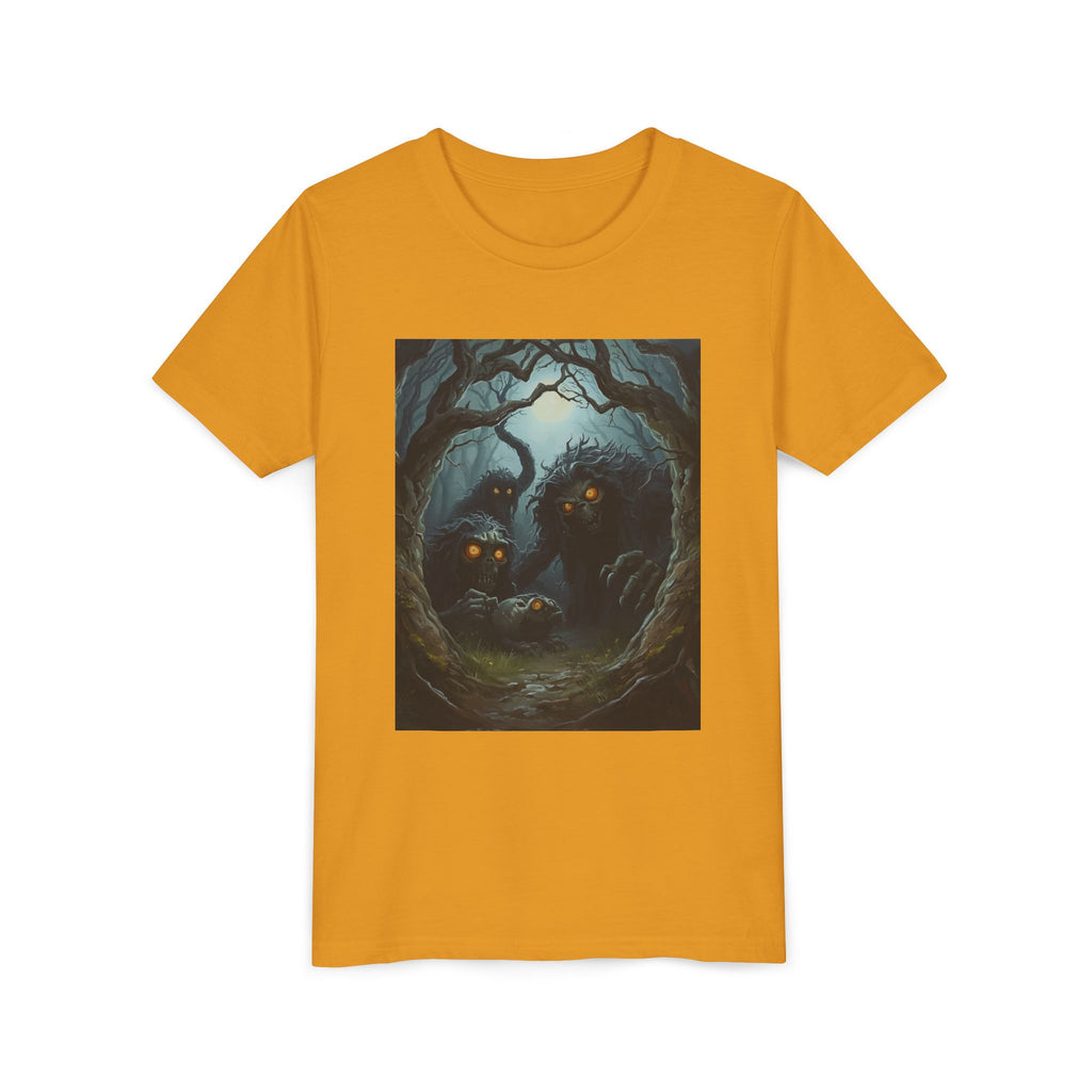 Spooky Mystical Forest Creatures Youth Tee, Cool Graphic T-Shirt, Kids Nature Shirt, Unique Gift for Boys & Girls, Perfect for Halloween