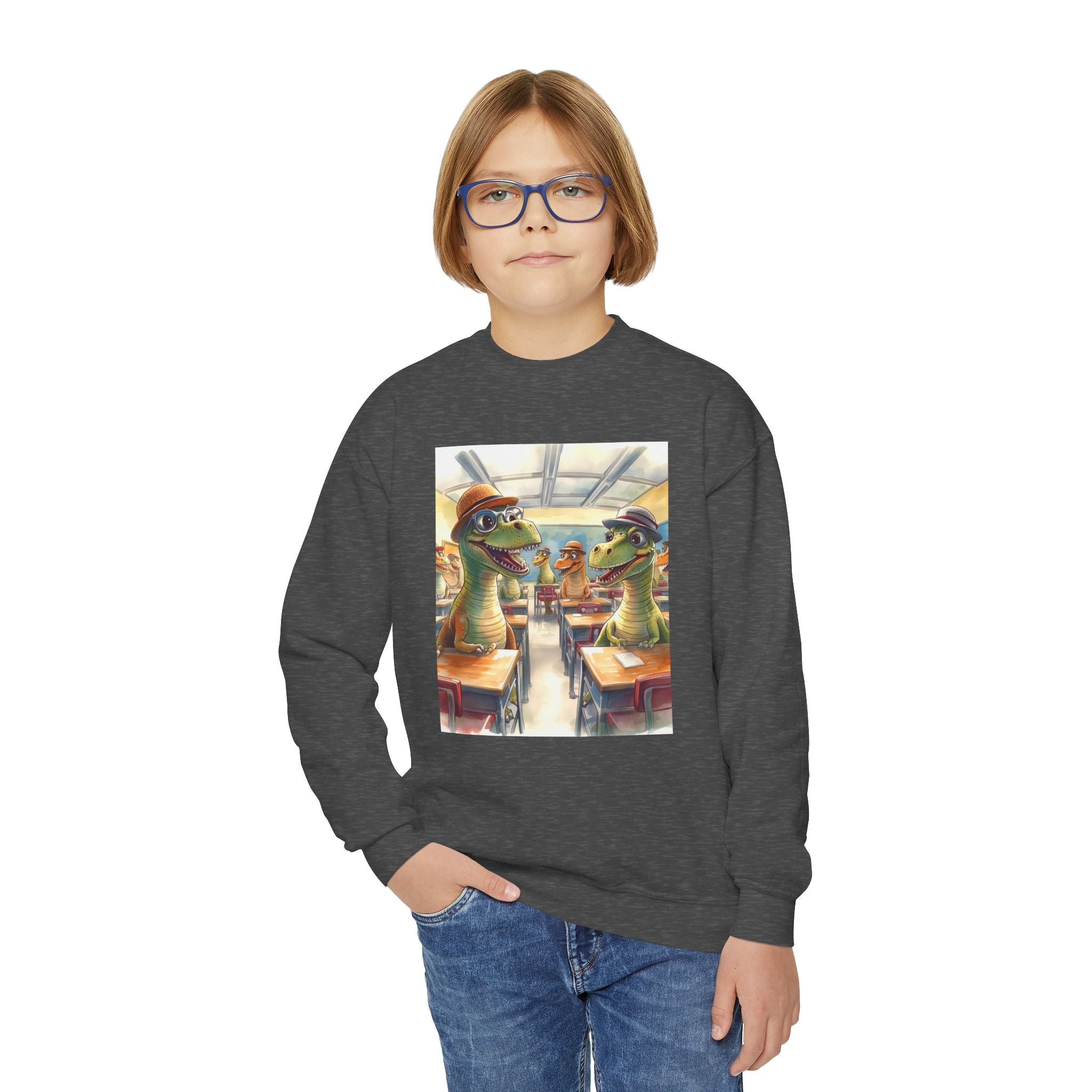 Dinosaur Classroom Youth Crewneck Sweatshirt, Fun Sweater for Kids, Perfect for Birthdays, School Events, Halloween, Unique Gift Idea