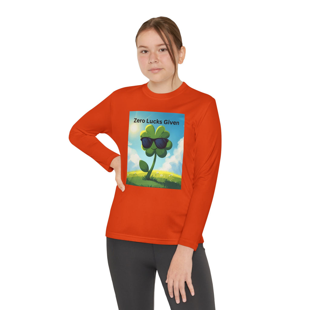 Zero Lucks Given Youth Long Sleeve Tee, Fun Graphic Shirt, Clover Print Top, Gift for Kids, Statement Tee, Birthday Gift