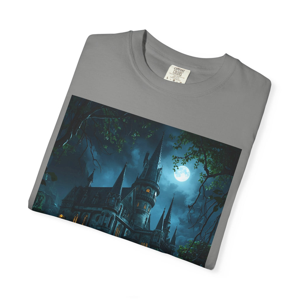 Mystical Night Scene Castle T-Shirt, Spooky Tees, Halloween Apparel, Gothic Style Shirt, Unisex Shirt, Nighttime Scene Tee