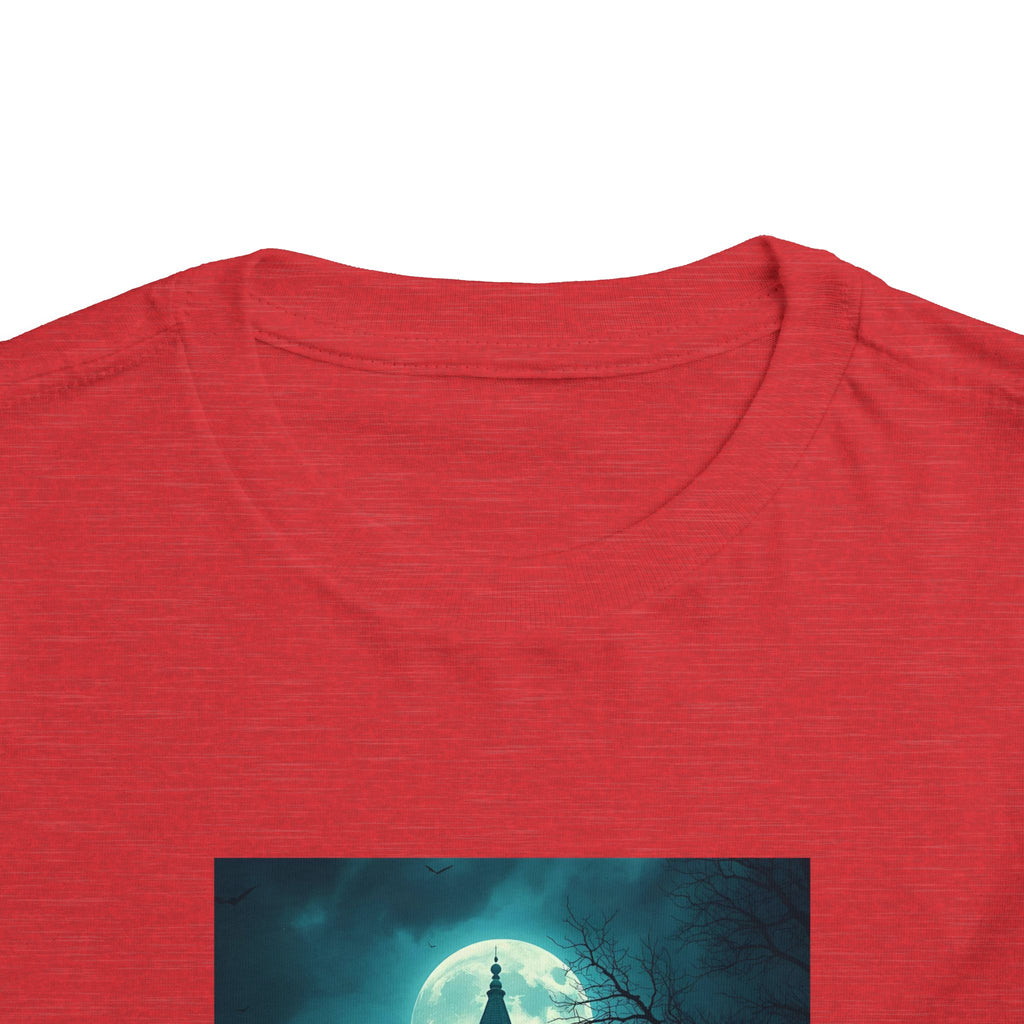 Haunted Moonlight Toddler Halloween Short Sleeve Tee, Ghostly Castle Shirt, Spooky Toddler Tee, Kids Halloween Costume Top, Fall Festivity Apparel